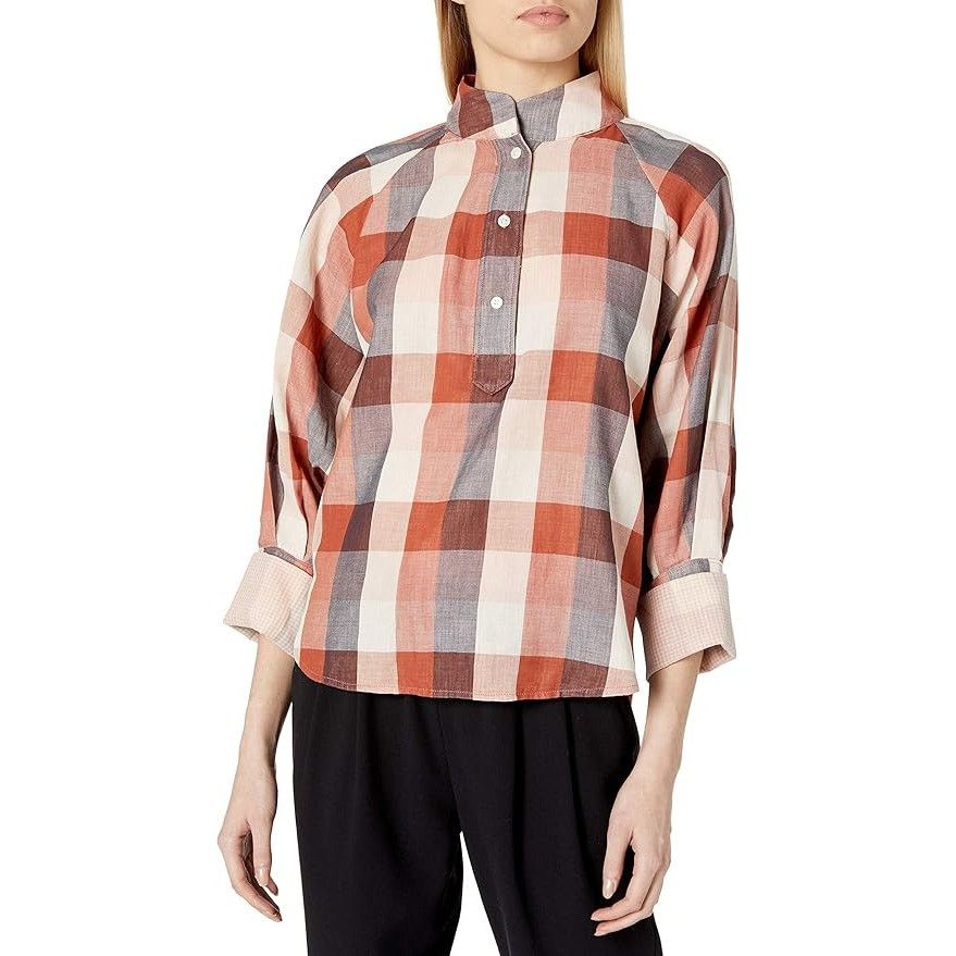 Joie JOIE Dia Plaid Henley Double Cloth Top Brown Orange 3/4 XS Size XS / US 0-2 / IT 36-38 - 8 Thumbnail