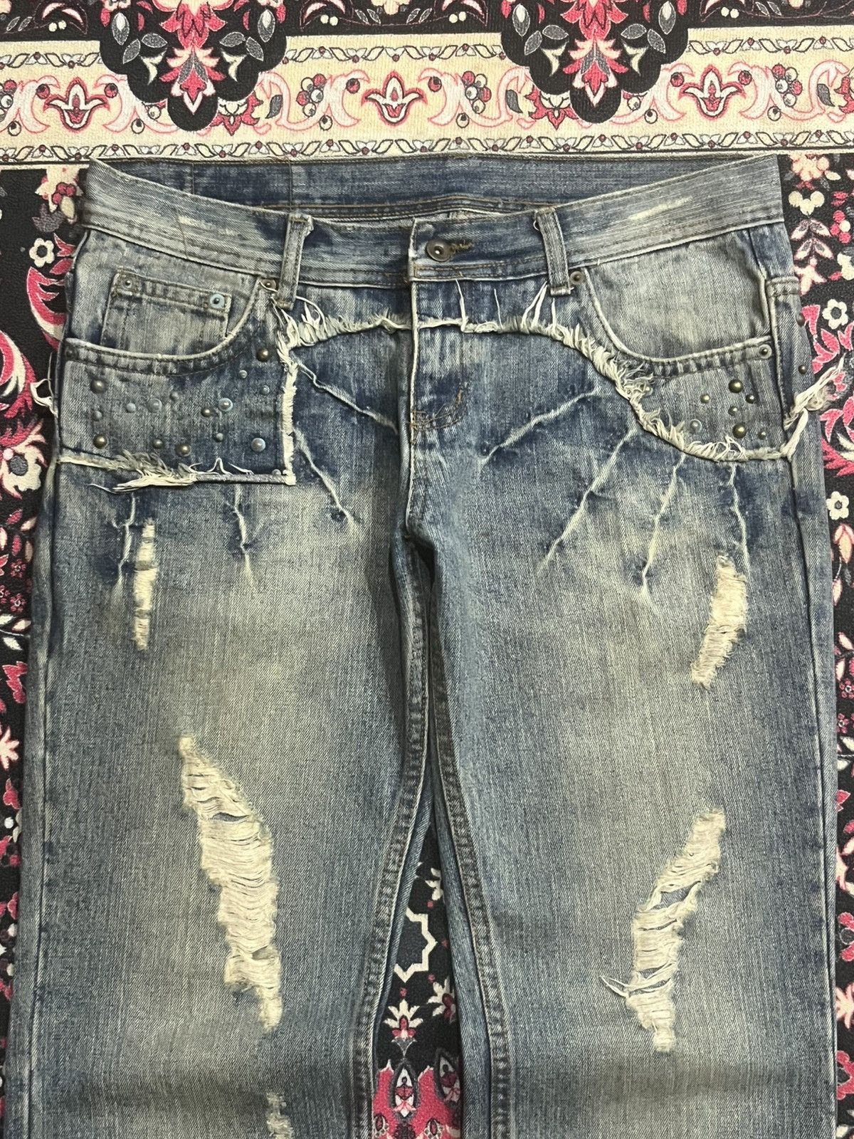 If Six Was Nine Japan Edge Rupert Spider Web Distressed Studded Flare Jeans Size US 34 / EU 50 - 4 Thumbnail