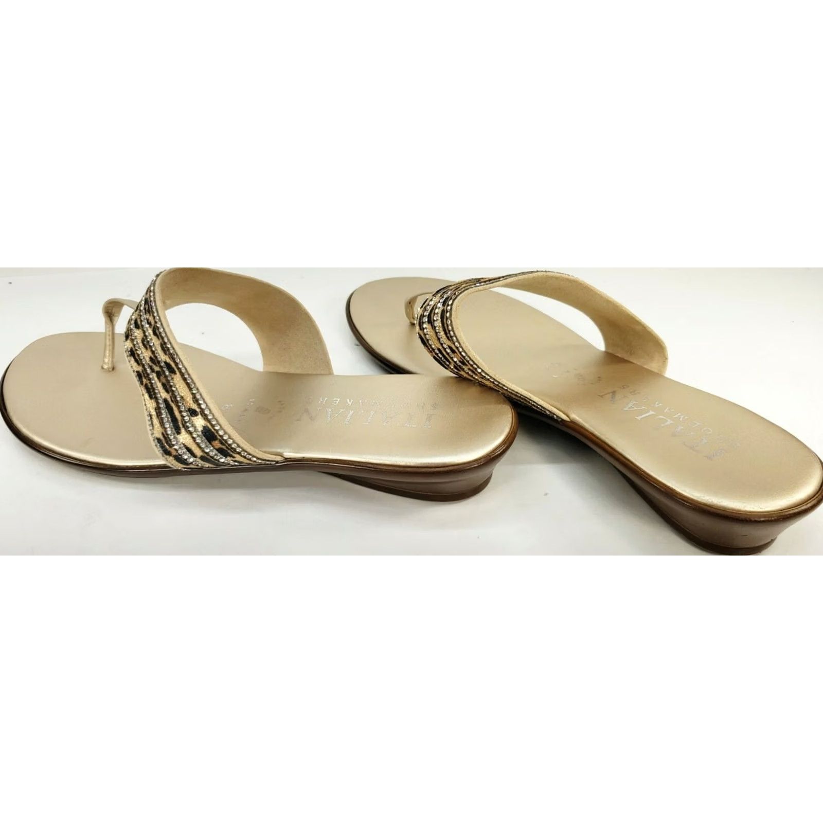 Vintage Italian Shoemakers Sandal Women's 8.5 Gold Toe Post Sandal Crossover Rhinestone Jaguar Pattern White Gold? Size US 9 / IT 39 - 4 Thumbnail