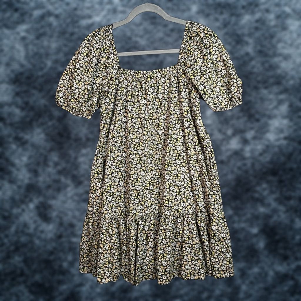 Uniqlo Uniqlo Womens Small Black Floral Cotton Dress Square Neck Puff Sleeves Tiered Dress Size S / US 4 / IT 40 - 1 Thumbnail