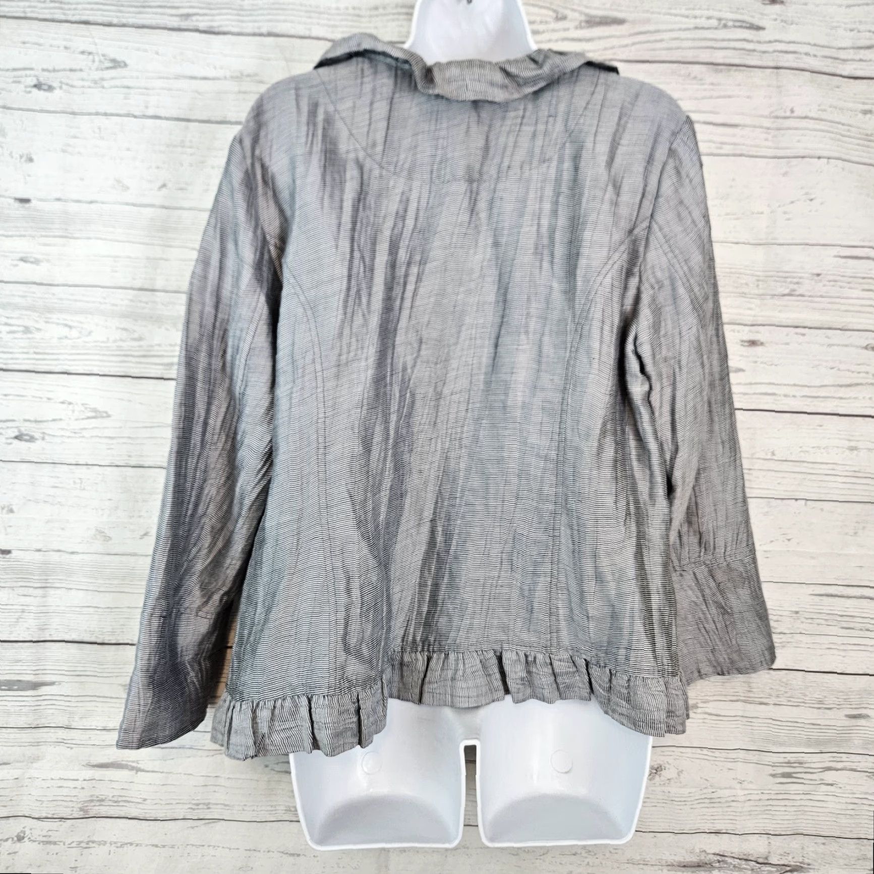 Vintage Chico's Women's Open Front Jacket L Gray Striped Linen Blend Ruffle Jacket Size L / US 10 / IT 46 - 3 Thumbnail