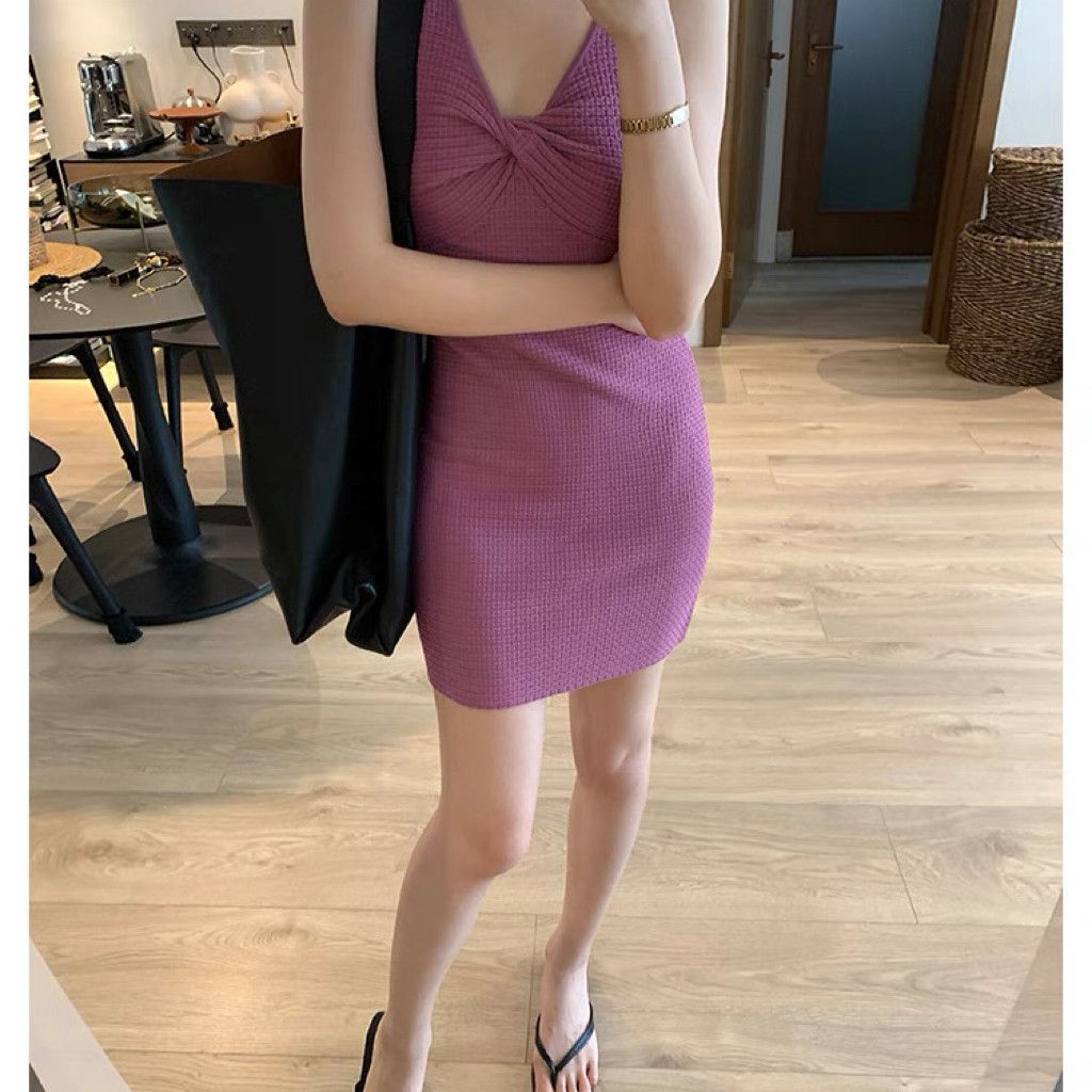 WISDOM Mauve Twist-Front Waffle Knit Bodycon Mini Dress Size L / US 10 / IT 46 - 1 Thumbnail