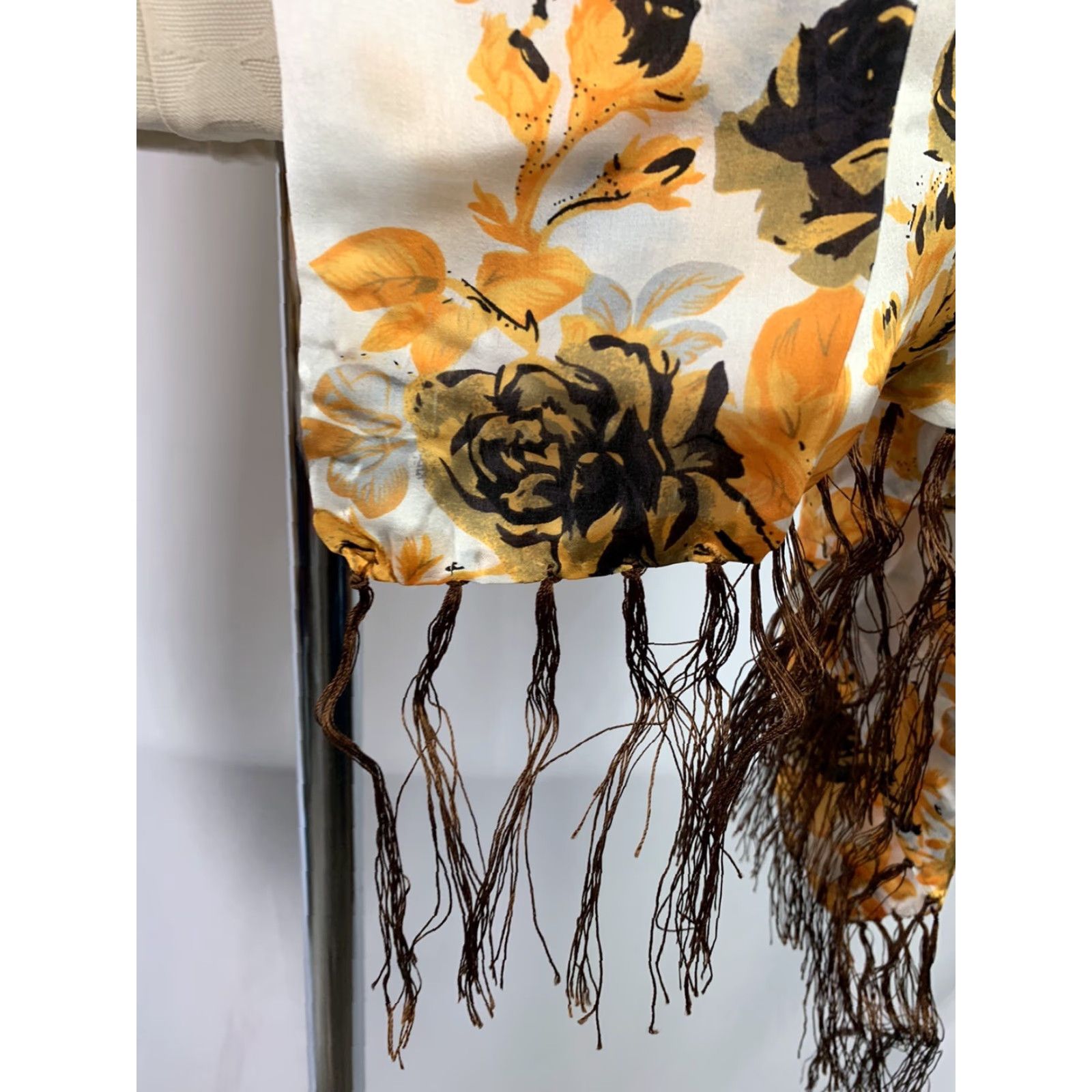 Vintage VINTAGE New Silk Scarf Orange Rose Floral Scarf Brown Fringe 21 x 62" Silk Floral Roses Orange Womens Scarf Size ONE SIZE - 7 Thumbnail