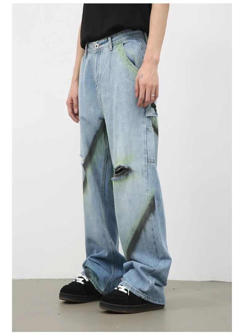 Jean × Vintage Streetwear Hand-Painted Contrast Wide-Leg Ripped Jeans Size US 32 / EU 48 - 1 Thumbnail