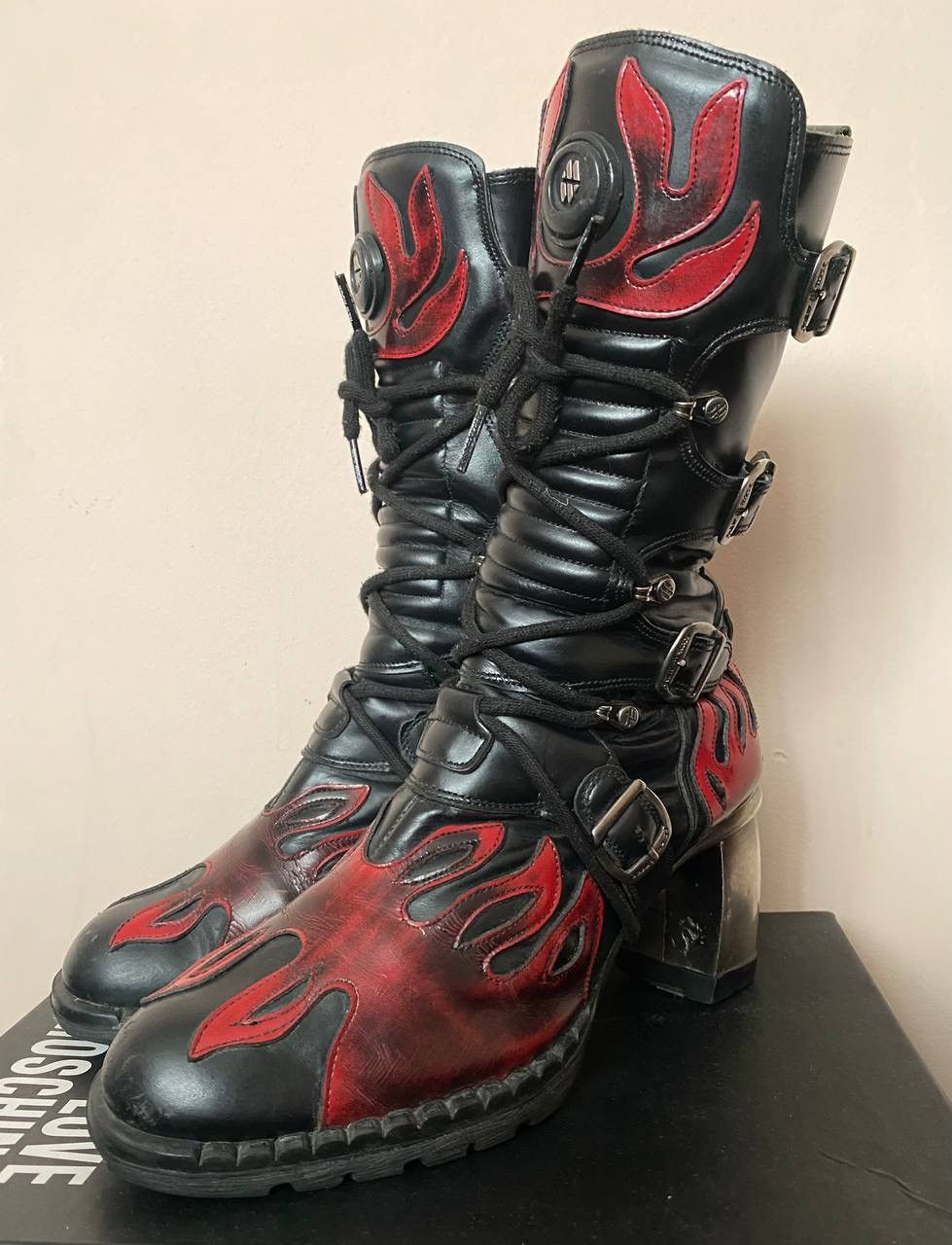 New Rock New Rock Flames Biker Heel Platform Mid Calf Boots (37 EU) Size US 7 / IT 37 - 3 Thumbnail