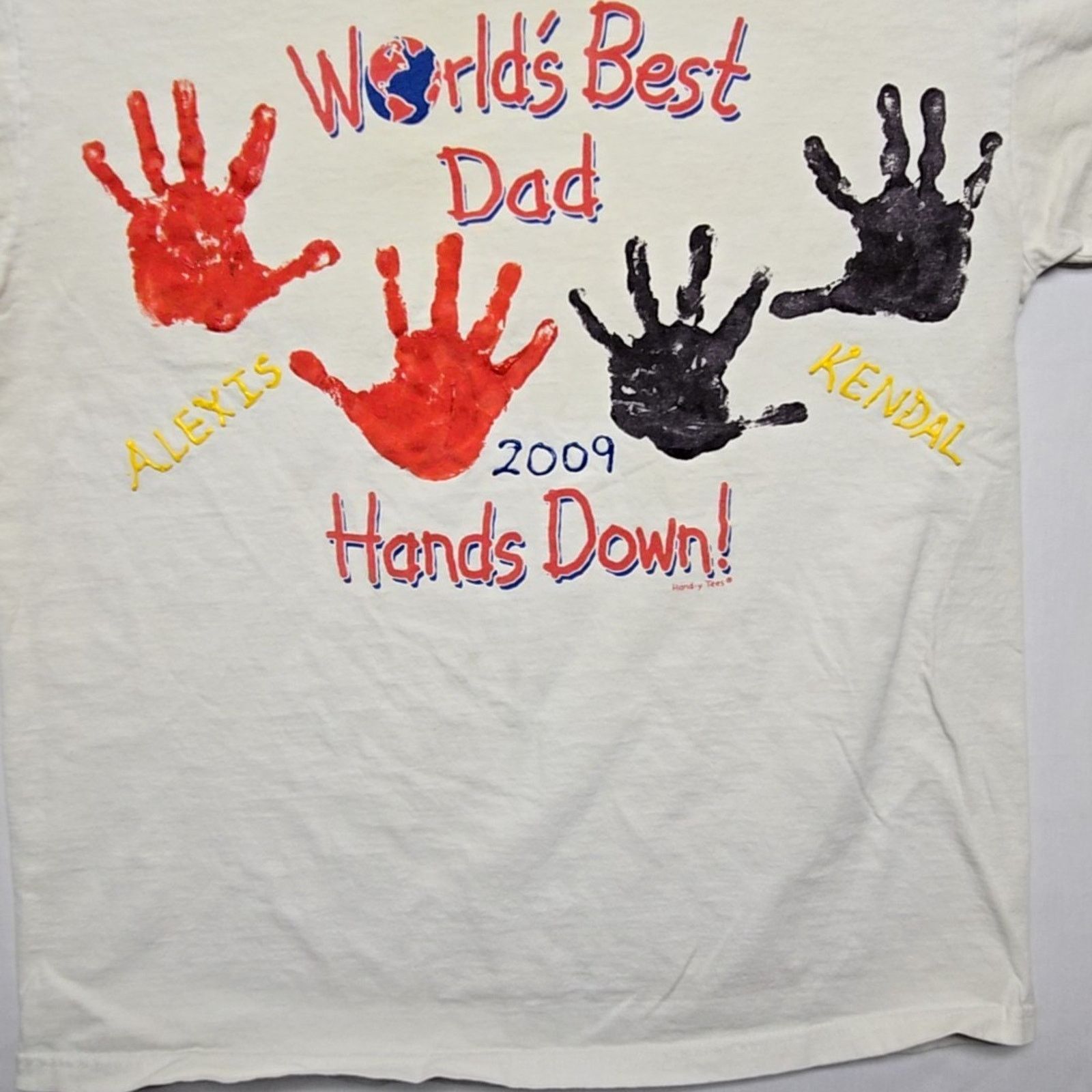 Fruit Of The Loom World's Best Dad Shirt Cream Large Handprint White Tee 2000s Size US L / EU 52-54 / 3 - 4 Thumbnail