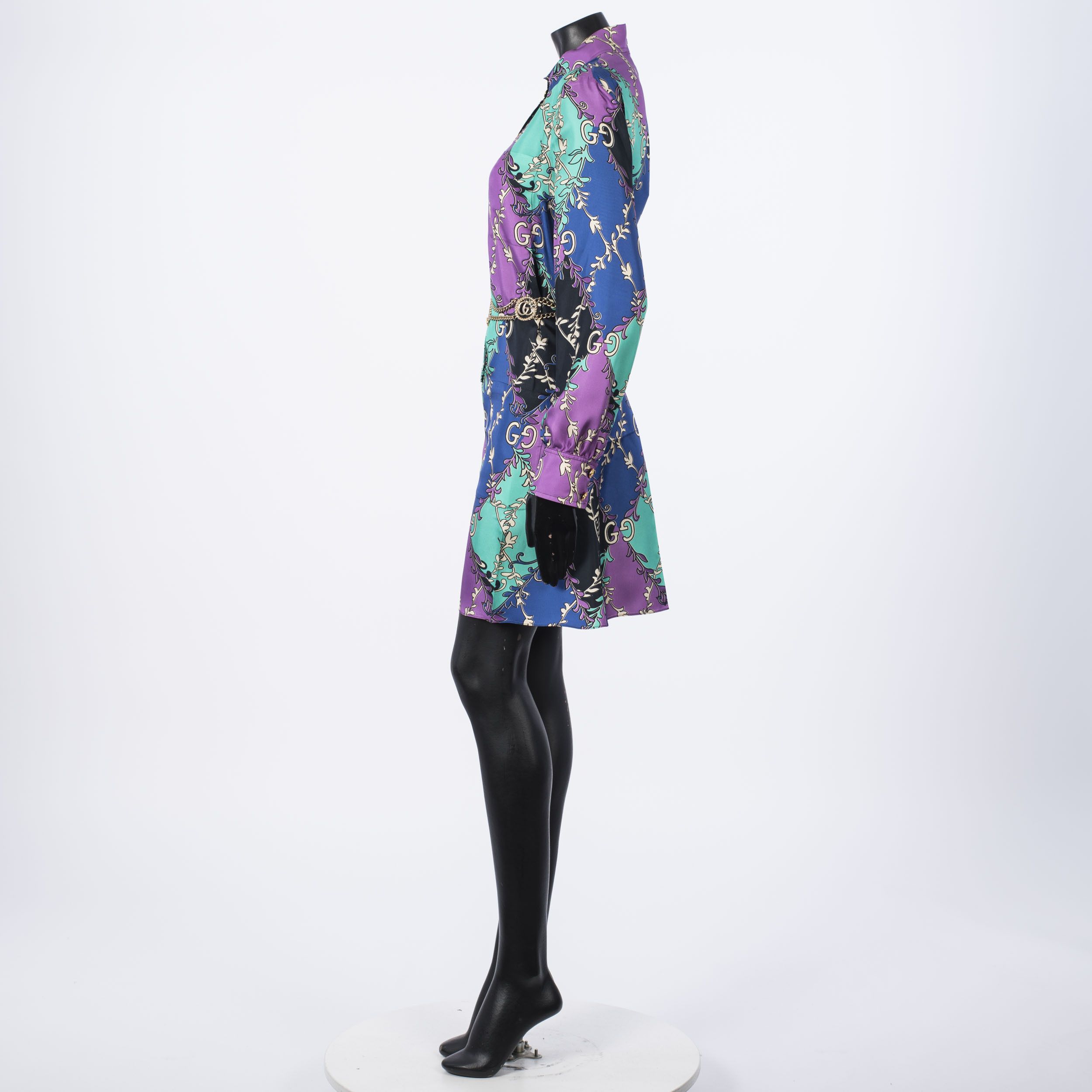 Gucci Silk GG Rhombus Ramage Shirt Dress With Chain Belt Size M / US 6-8 / IT 42-44 - 3 Thumbnail