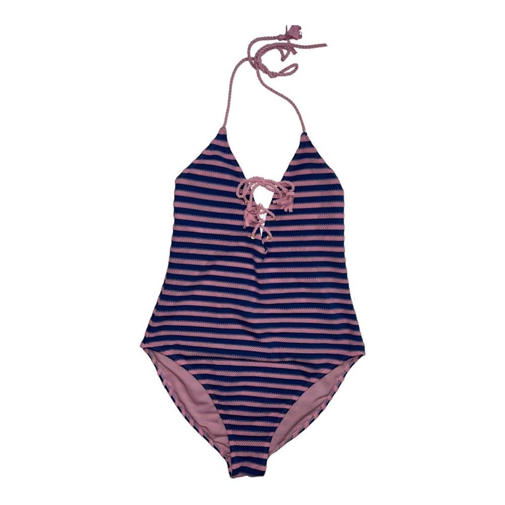 Designer Pink & Blue Striped Halter One Piece Swimsuit Large Size ONE SIZE - 1 Thumbnail