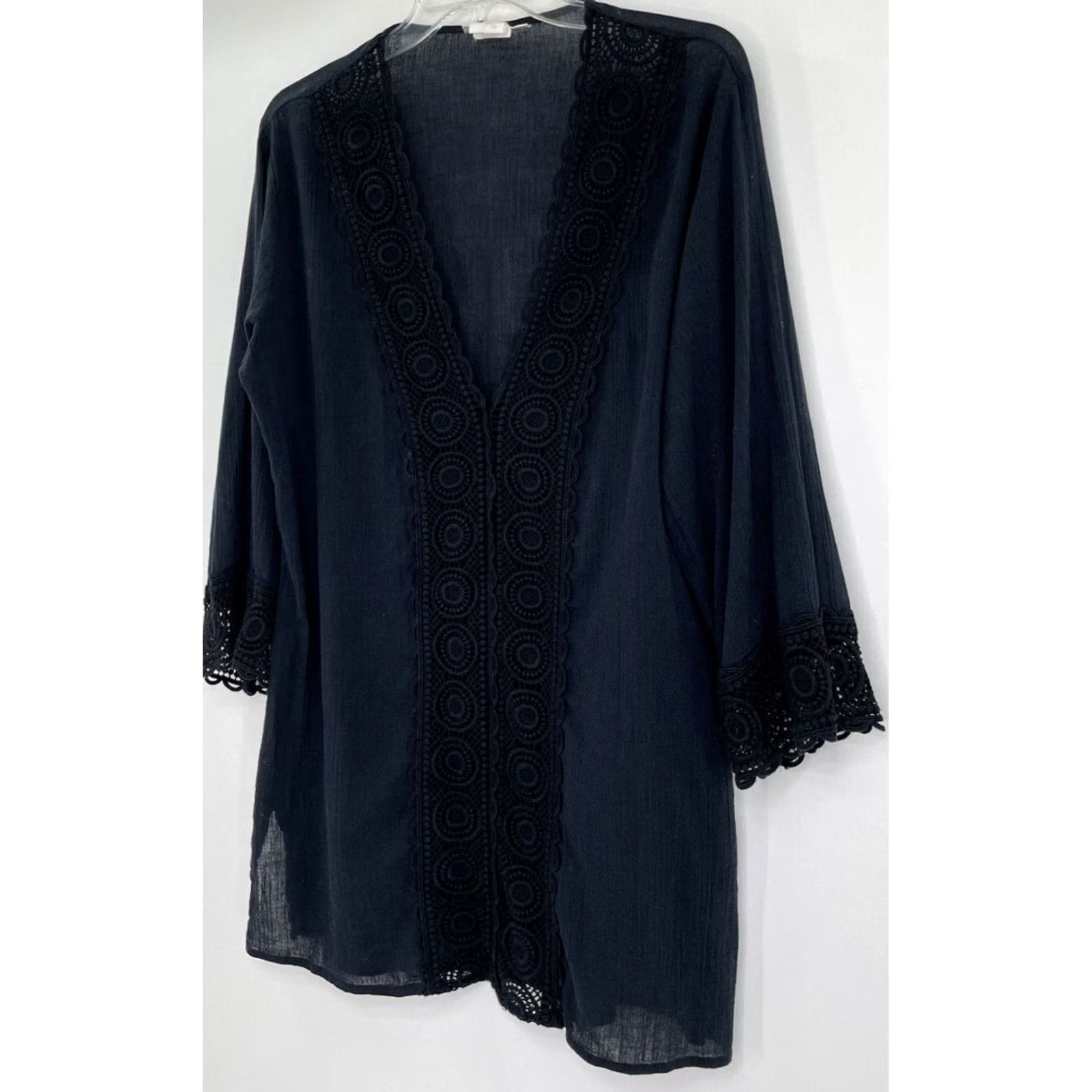 Vintage La Blanca Coverup Dress Women’s Size Medium Black Cotton Long Sleeve Size M / US 6-8 / IT 42-44 - 3 Thumbnail