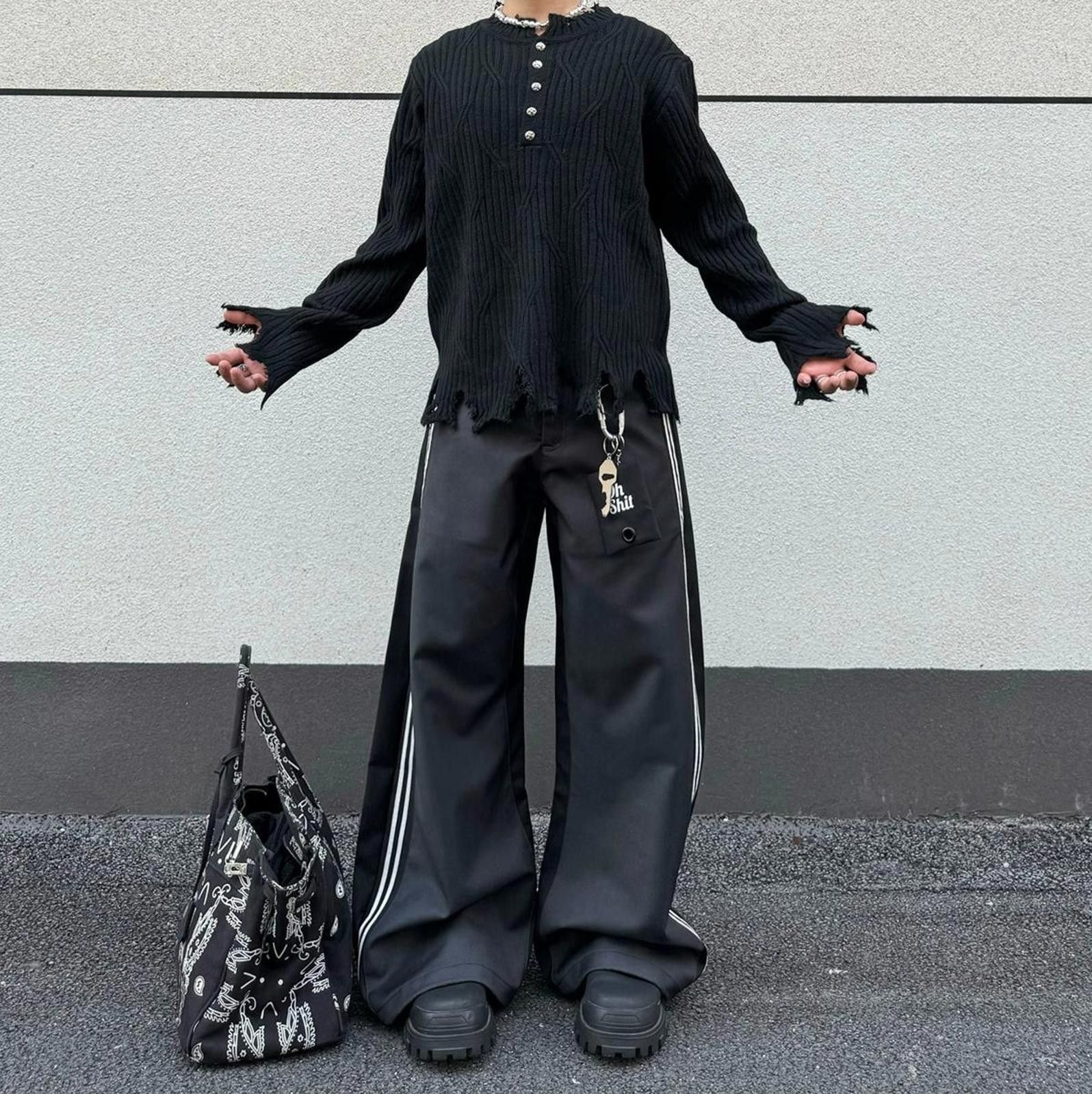 Japanese Brand Distressed Ribbed Knit Sweater, Buttoned Pullover Size US M / EU 48-50 / 2 - 1 Thumbnail