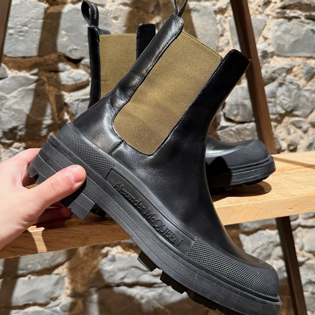 Alexander McQueen Alexander McQueen Black Leather Khaki Tread Chelsea Boots Size US 6 / EU 39 - 2 Thumbnail