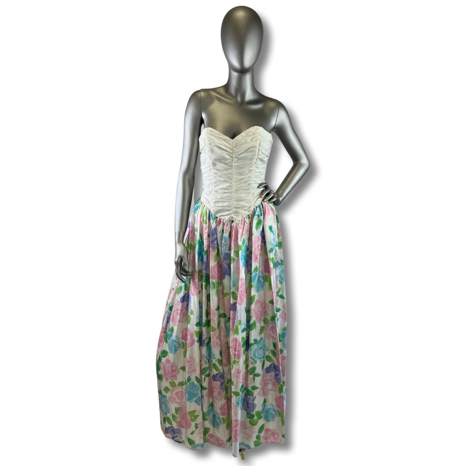 image of Vintage 1980’S Jessica Mcclintock Floral Strapless Dress Sm in White, Women's (Size Small)