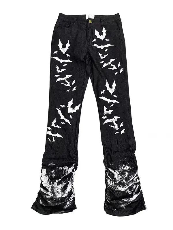 VIBE Washed distressed pleated micro-flare bat-print jeans Size US 32 / EU 48 - 1 Thumbnail