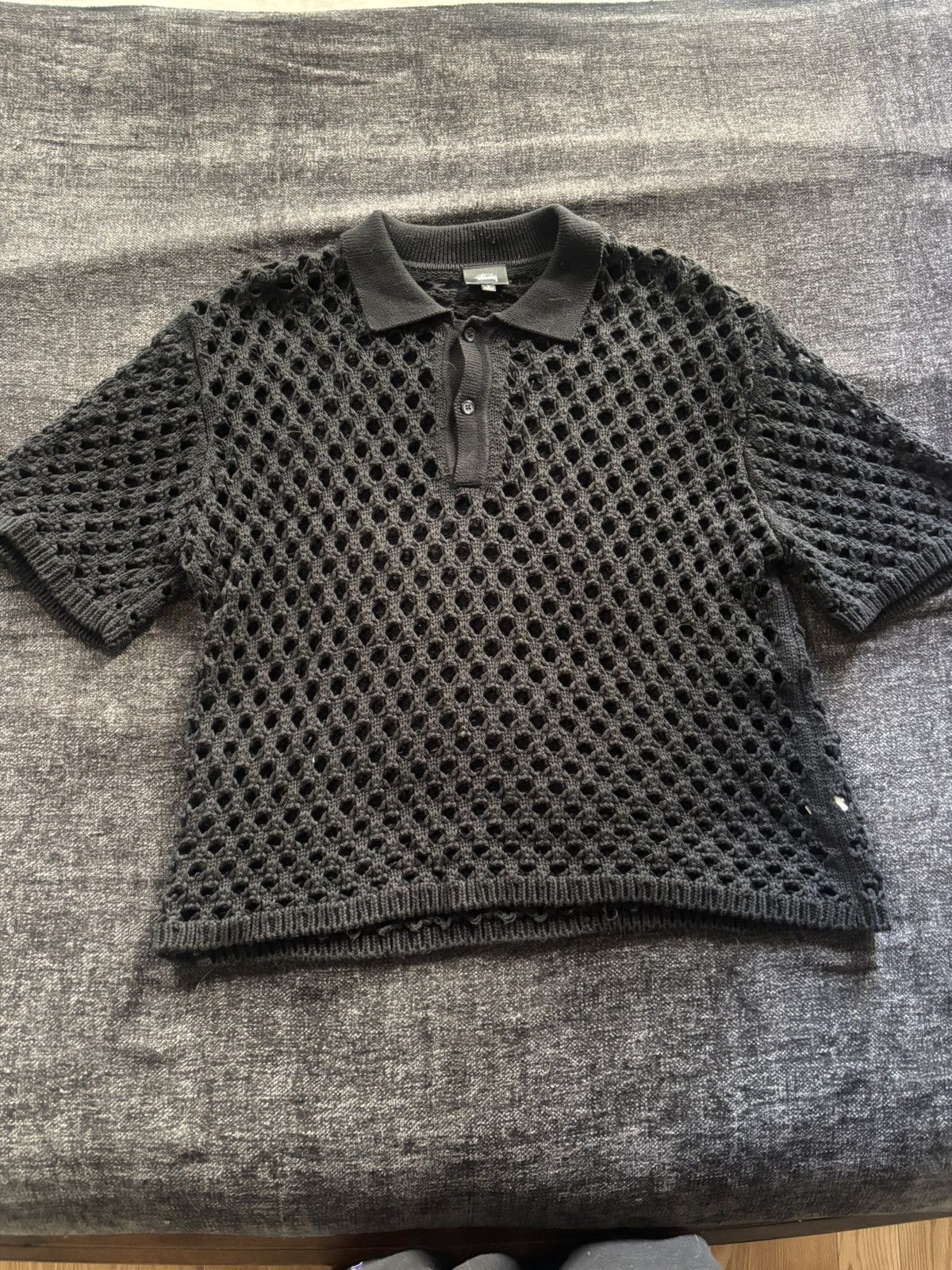 トップス STUSSY cable knit polo black 20ss STUSSY cable knit polo shirt