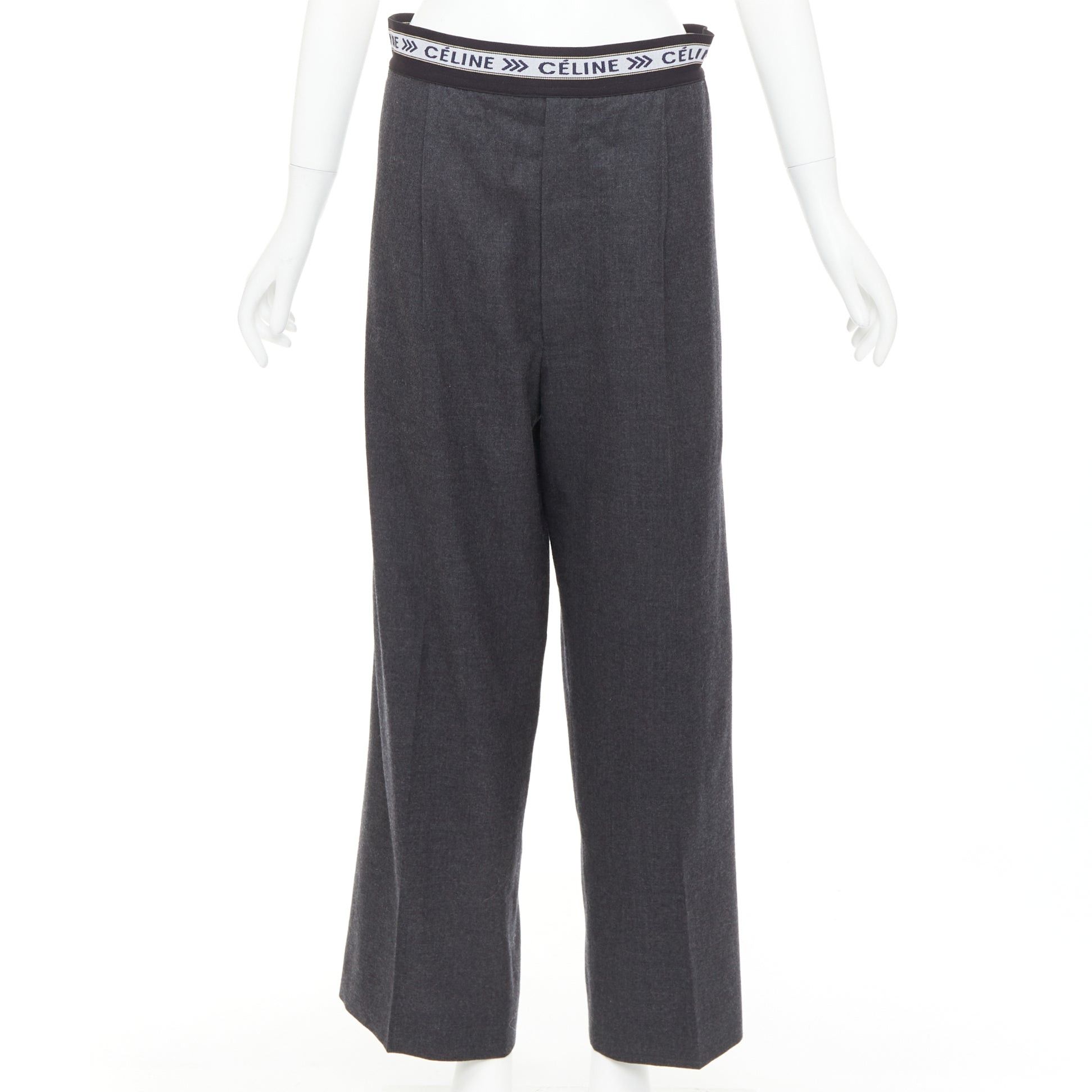 Celine CELINE Phoebe Philo grey wool logo waistband wide leg trousers FR34 XS Size 26" / US 2 / IT 38 - 1 Thumbnail