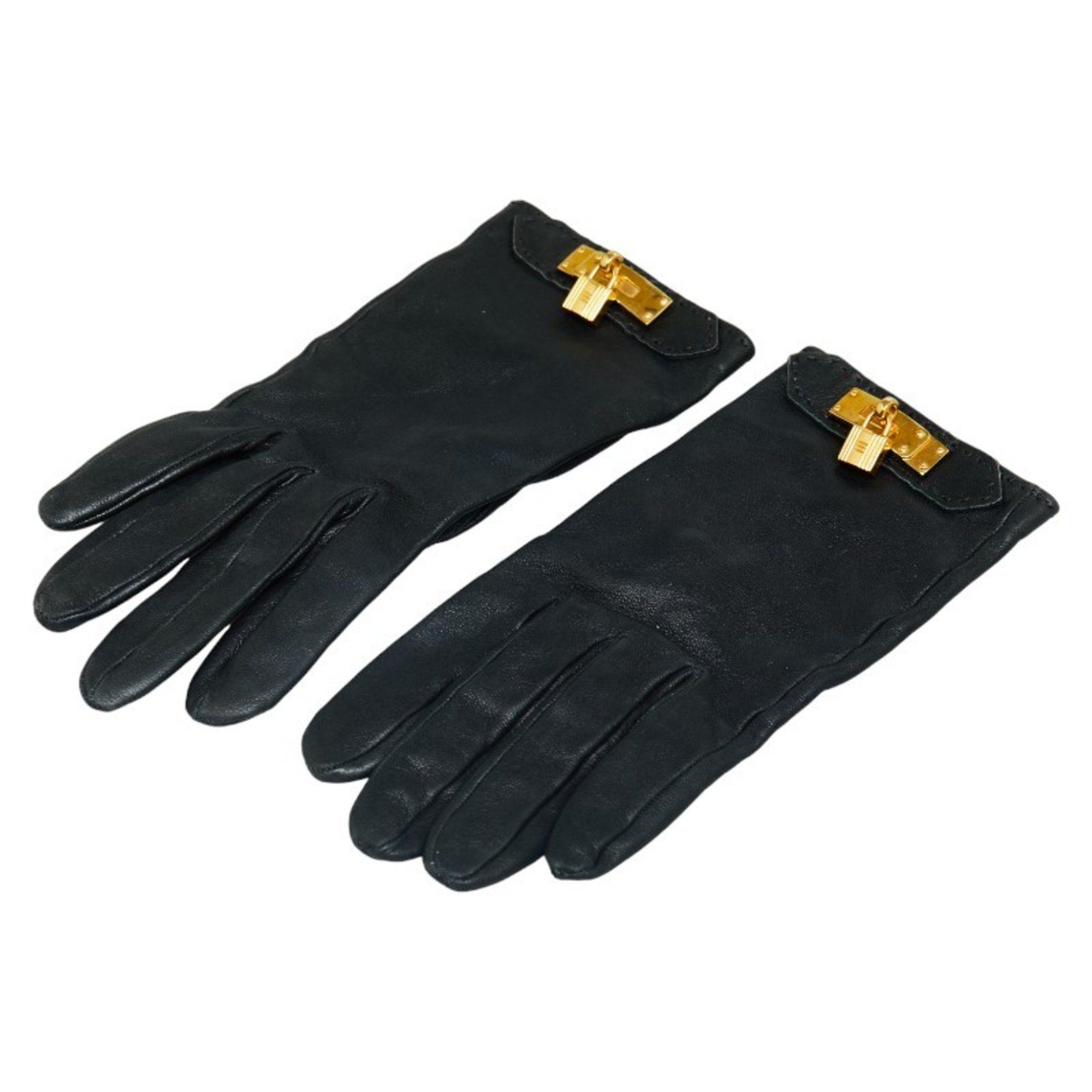 image of Hermes Kelly Glove Padlock Charm Gloves Size: 6 1/2 Black Gold Leather Plated Women's Hermes