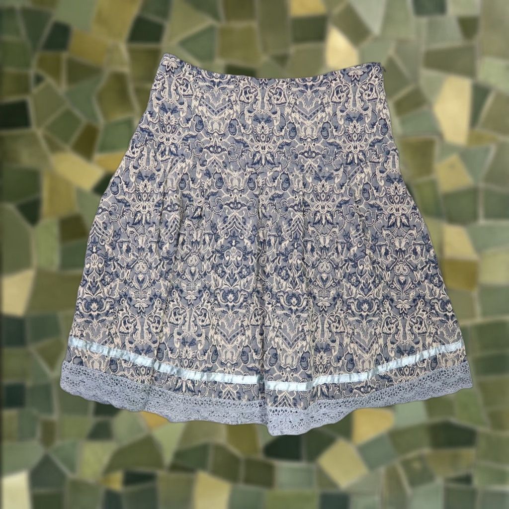 Vintage Rationell blue and cream damask lace print mini skirt M Size 32" / US 10 / IT 46 - 1 Thumbnail