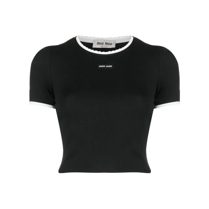 Miu Miu Miu Miu Black Logo Ribbed Short Sleeve T-Shirt 0079 Size S / US 4 / IT 40 - 1 Thumbnail