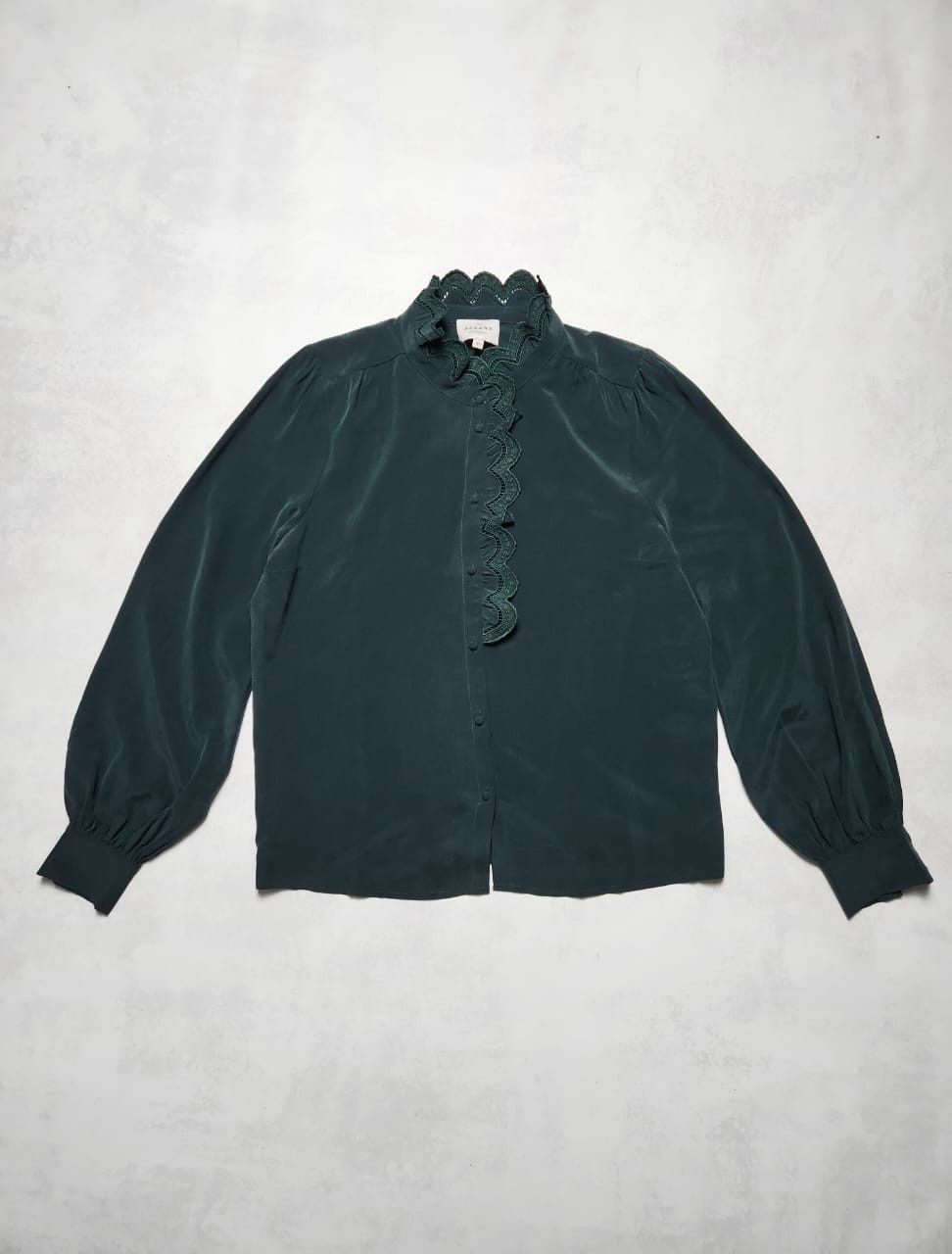 Sezane Sezane Silk Blouse Bottle Green Shirt Ruffle Trim Size M / US 6-8 / IT 42-44 - 1 Thumbnail