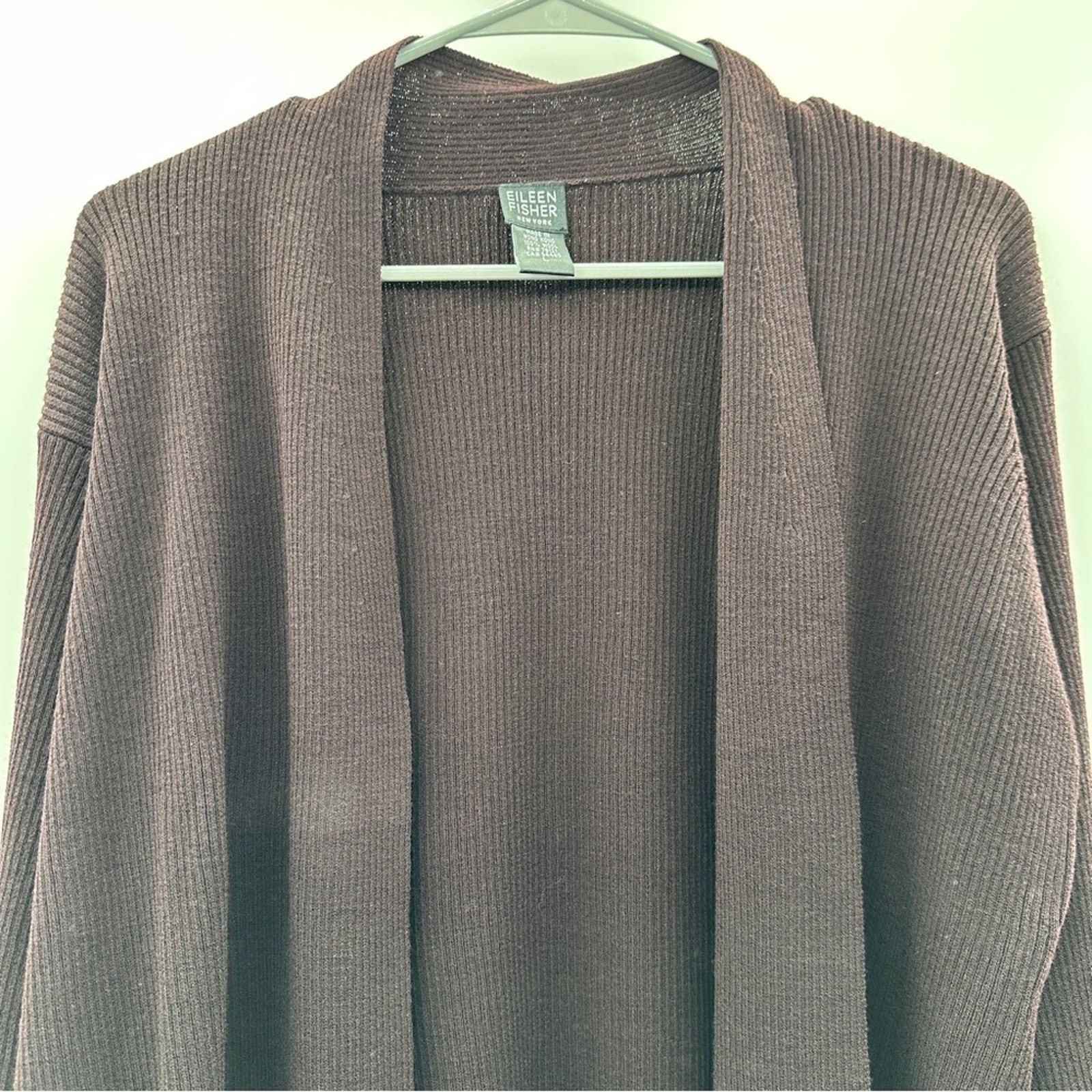 Eileen Fisher Eileen Fisher 100% Wool Dark Brown Ribbed Open Cardigan Size L / US 10 / IT 46 - 2 Thumbnail