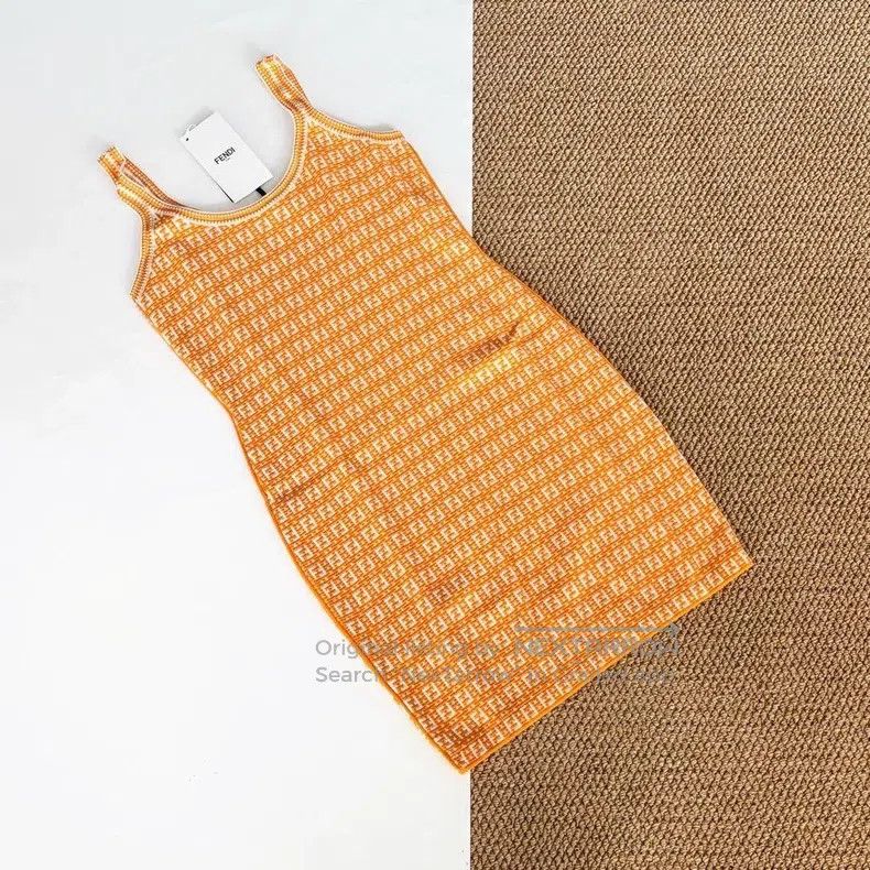 Fendi Double F Logo Strapless Dress, Orange Knit Fabric