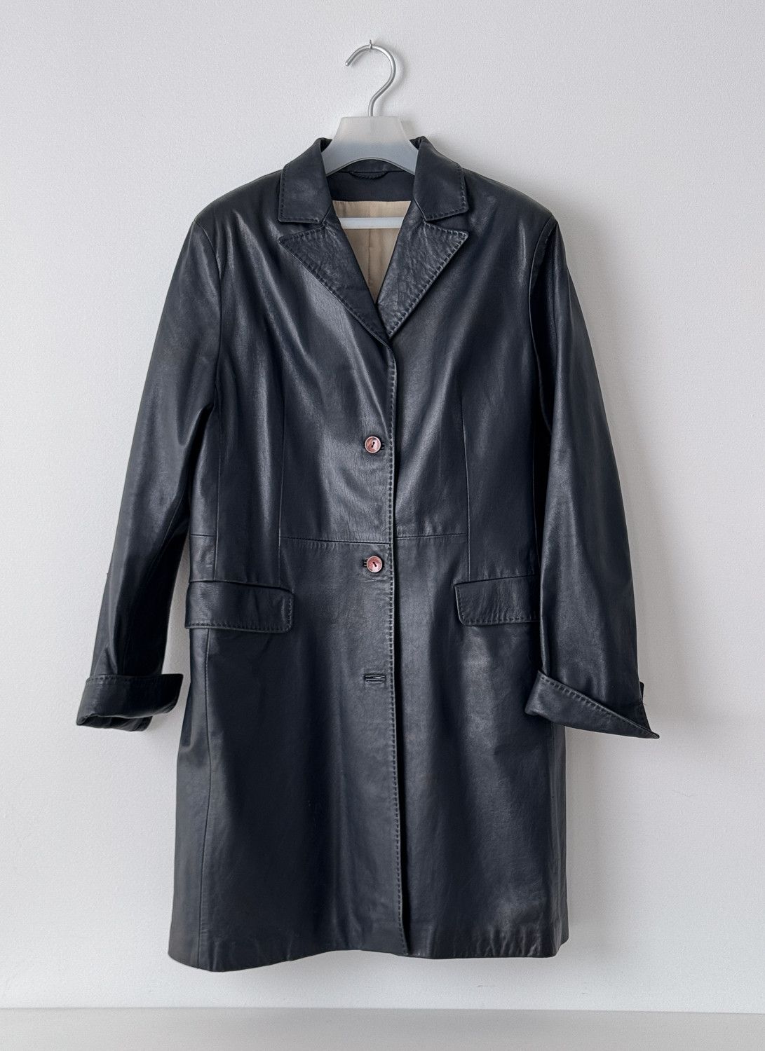 Vintage Italian Leather Trench Overcoat Dark Grey 48
