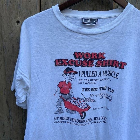 image of Vintage Single Stitch 1996 Palermo 'work Excuse Shirt' Funny, Men's (Size Large)