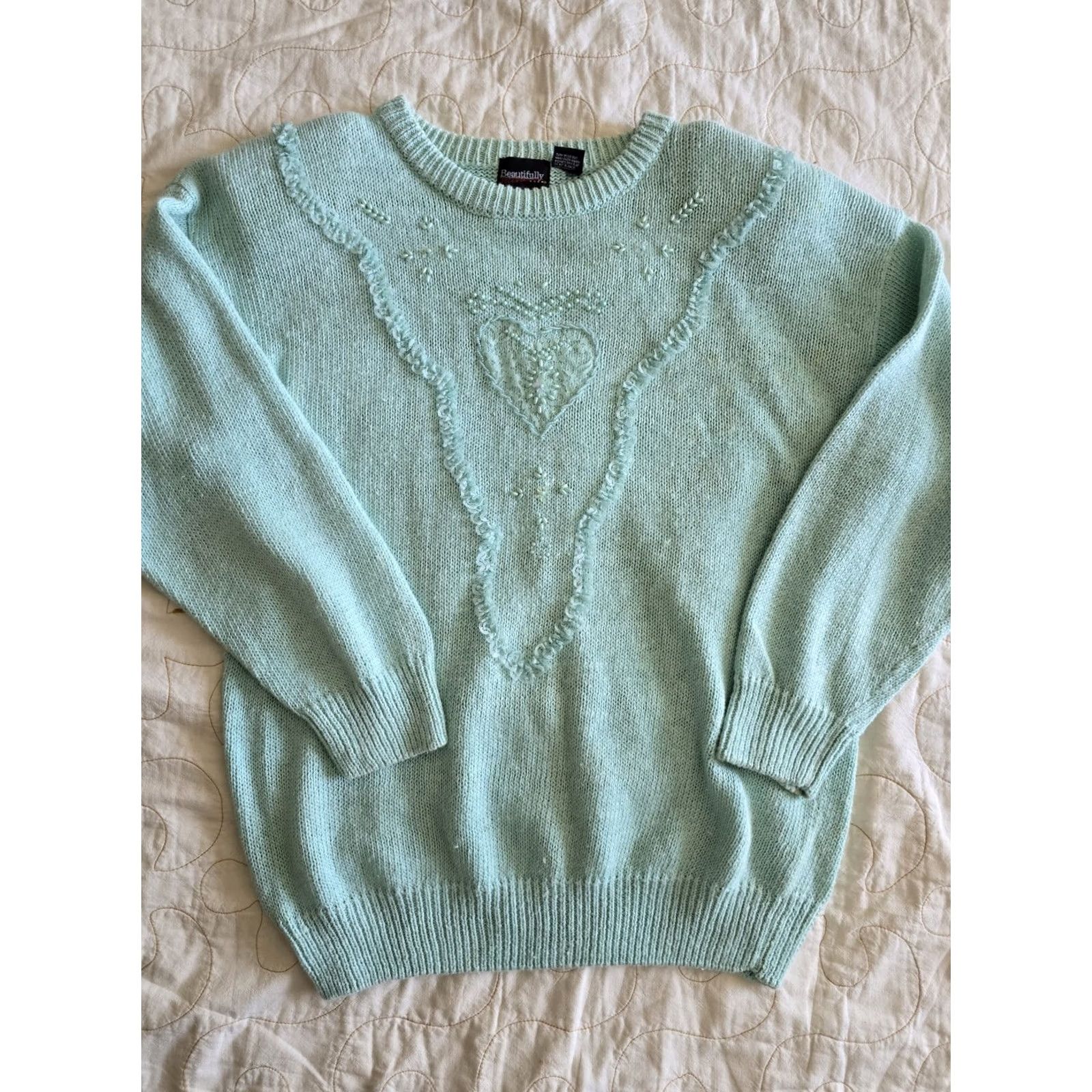 Vintage VINTAGE 80s Mint Green Beaded Heart Sweater Womens Medium Cottagecore Grandmacore Green 1980s Kitsch Teacher 1980s 1990s Size M / US 6-8 / IT 42-44 - 3 Thumbnail