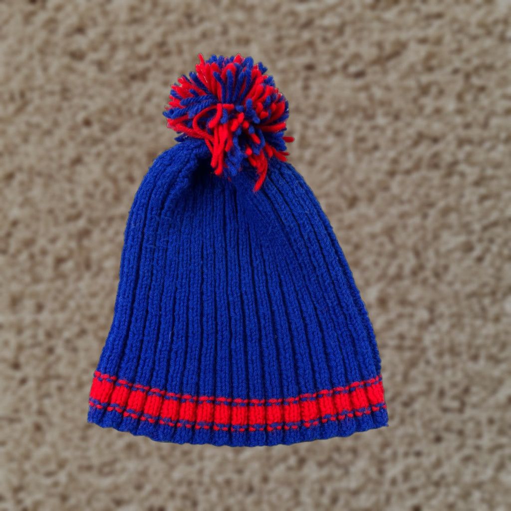 Vintage Beanie Toque Adult One Size Blue Red Knit Snow Ski Polyester Blend Pom Size ONE SIZE - 1 Thumbnail