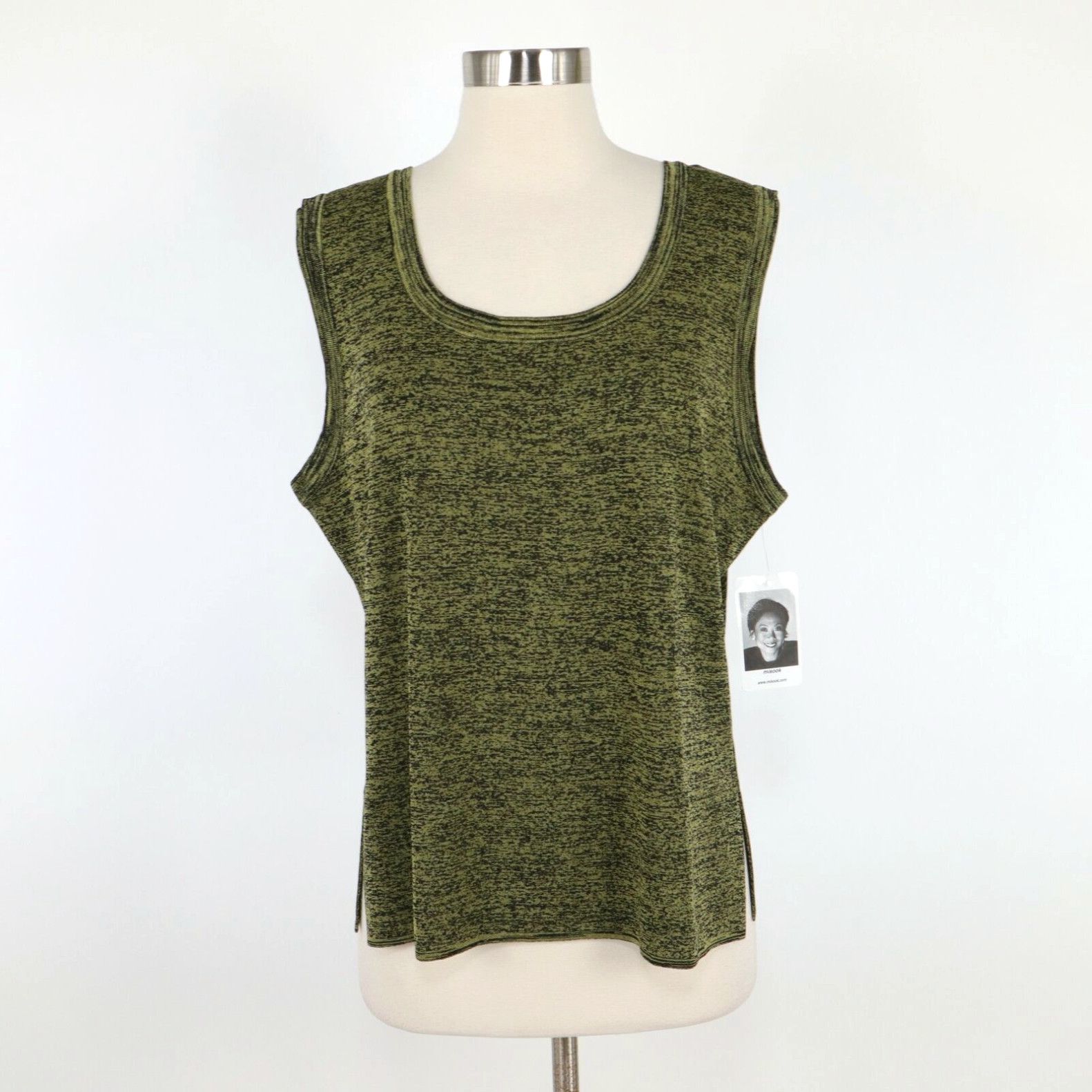 Image of Vintage Misook Shell Tank Top Womens XL New Acrylic Knit Olive Green Black Marled Scoop in White