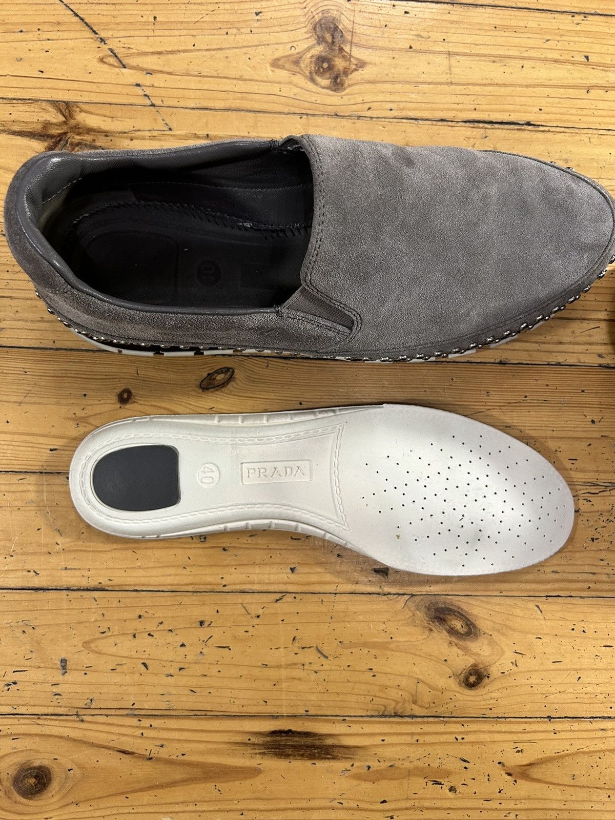 Prada Grey Nabuc loafers with diamonds detail’s