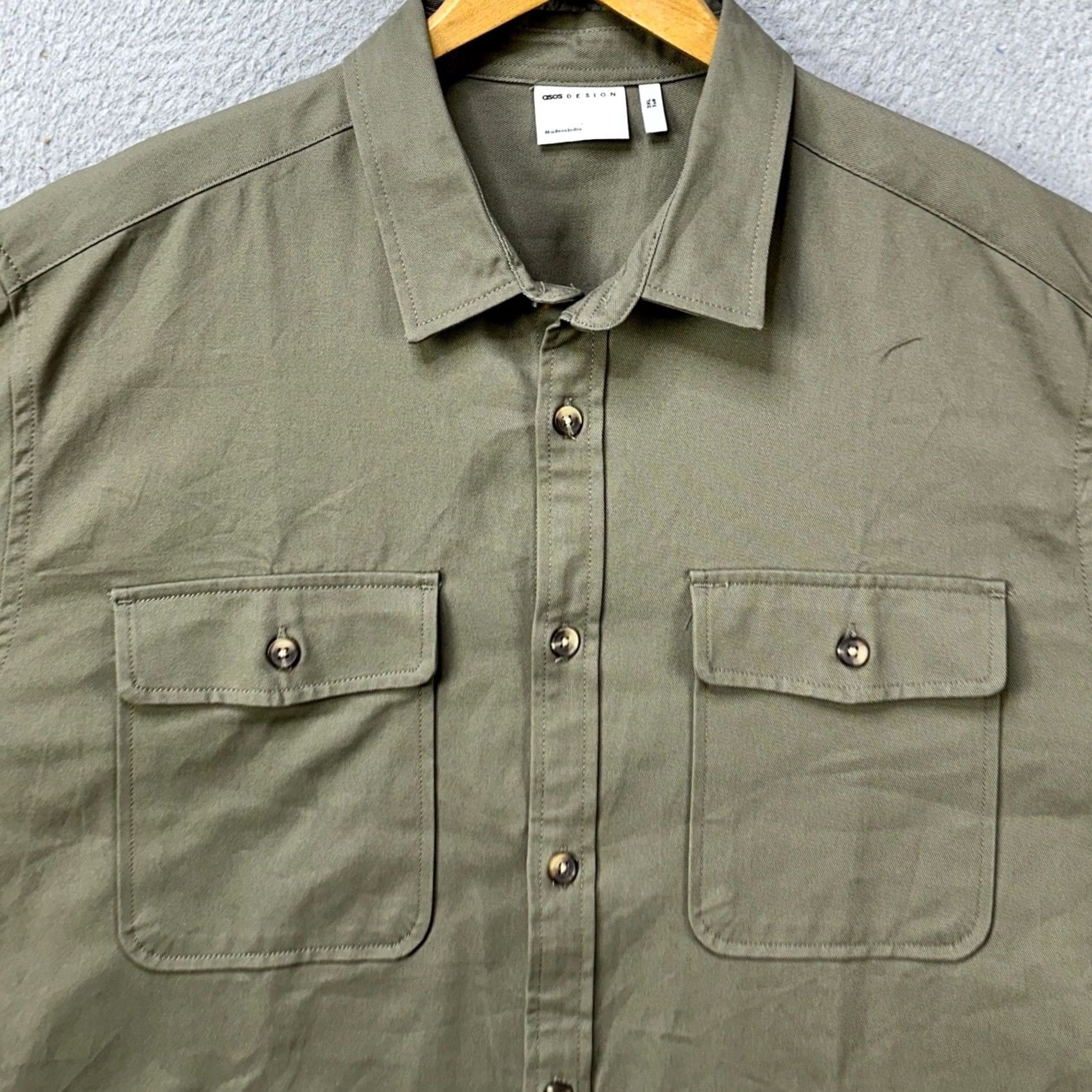 Vintage ASOS DESIGN Mens 3XL Tall Shirt Button Up Olive Green Flap Pockets Casual Workwear Long Sleeve Collared Chest 56in Green 3XLT Mens Size US XXL / EU 58 / 5 - 4 Thumbnail