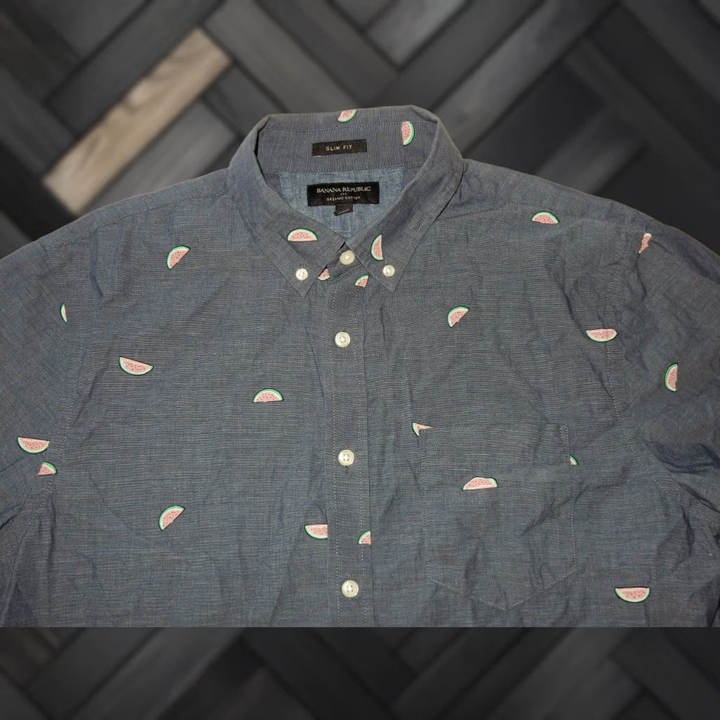 Banana Republic Banana Republic Shirt Men Button-Up Slim Front Short Sleeve L Cotton Blue Watermelon 90s Size US L / EU 52-54 / 3 - 1 Thumbnail