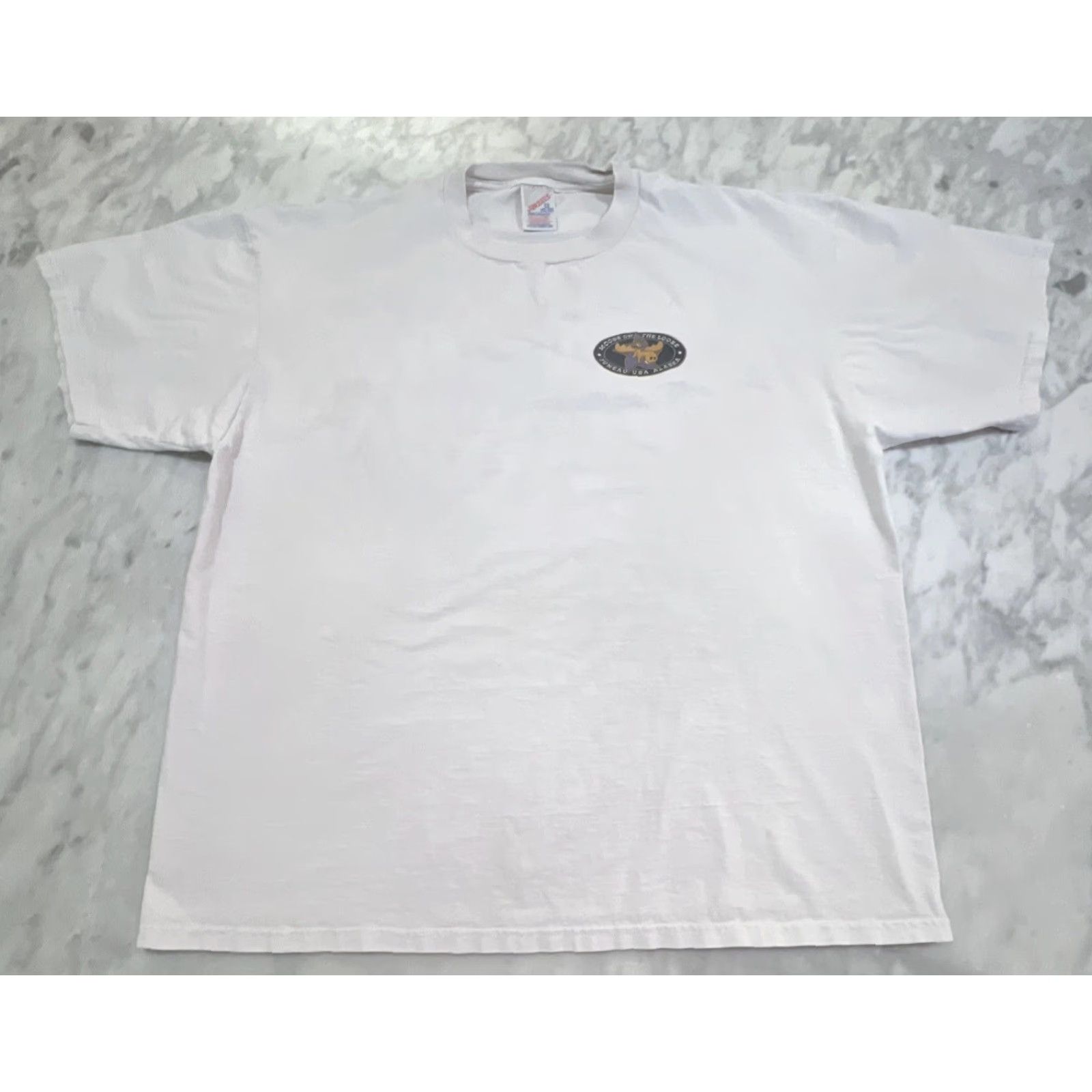 Jerzees VINTAGE Moose On The Loose Juneau T Shirt Men’s 2X Alaska Cotton Jerzees Russell Faded White Graphic Tee Mens 1990s Size US XXL / EU 58 / 5 - 6 Thumbnail