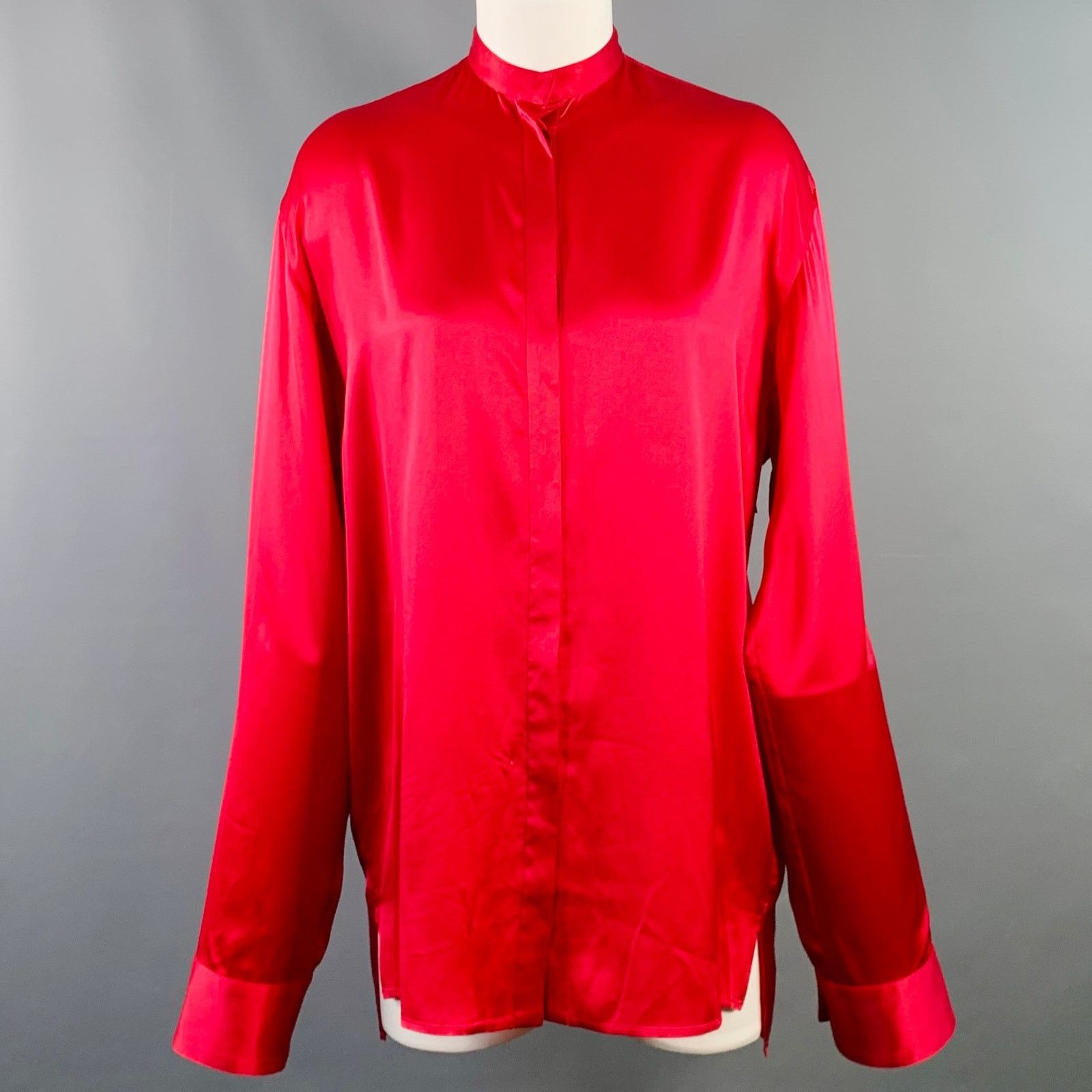 Haider Ackermann Size S Red Silk Satin Nehru Collar Hidden Buttons Shirt Size S / US 4 / IT 40 - 1 Thumbnail