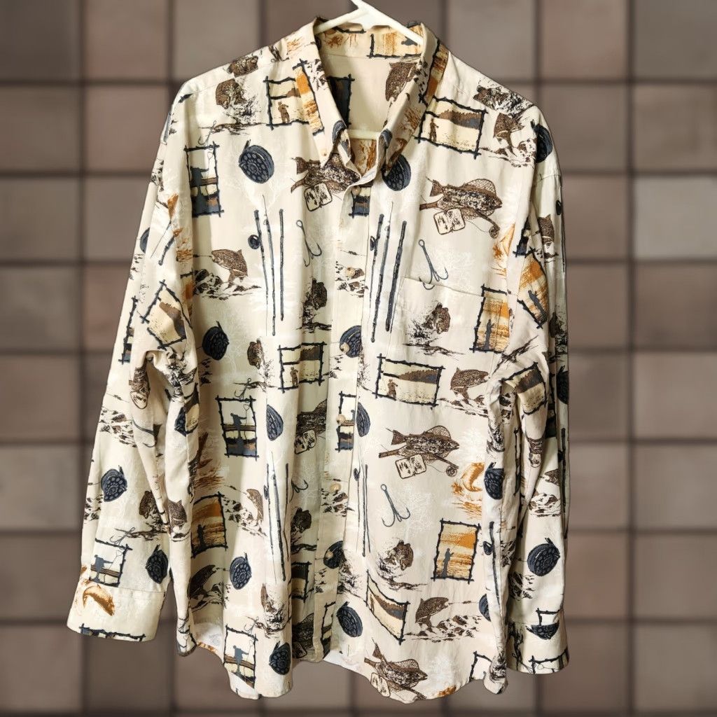 Vintage Natural Issue Fly Fishing Printed Button-Down Long Sleeve Cotton Shirt XL Men Beige Casual Shirts Mens Size US XL / EU 56 / 4 - 1 Thumbnail