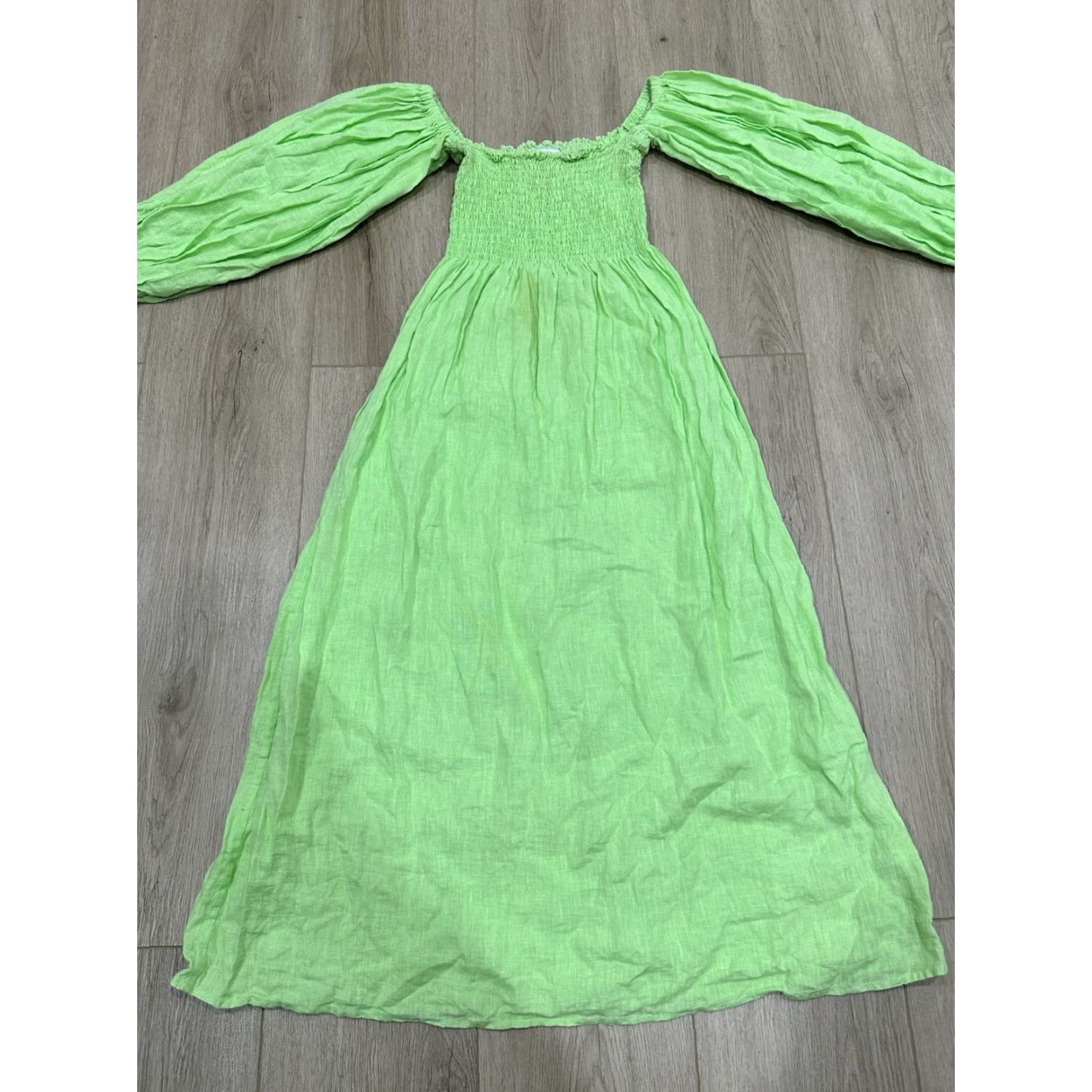 Sleeper Sleeper Dress Womens S Green Linen Smocked Midi Off the Shoulder Sleeper Size S / US 4 / IT 40 - 4 Thumbnail