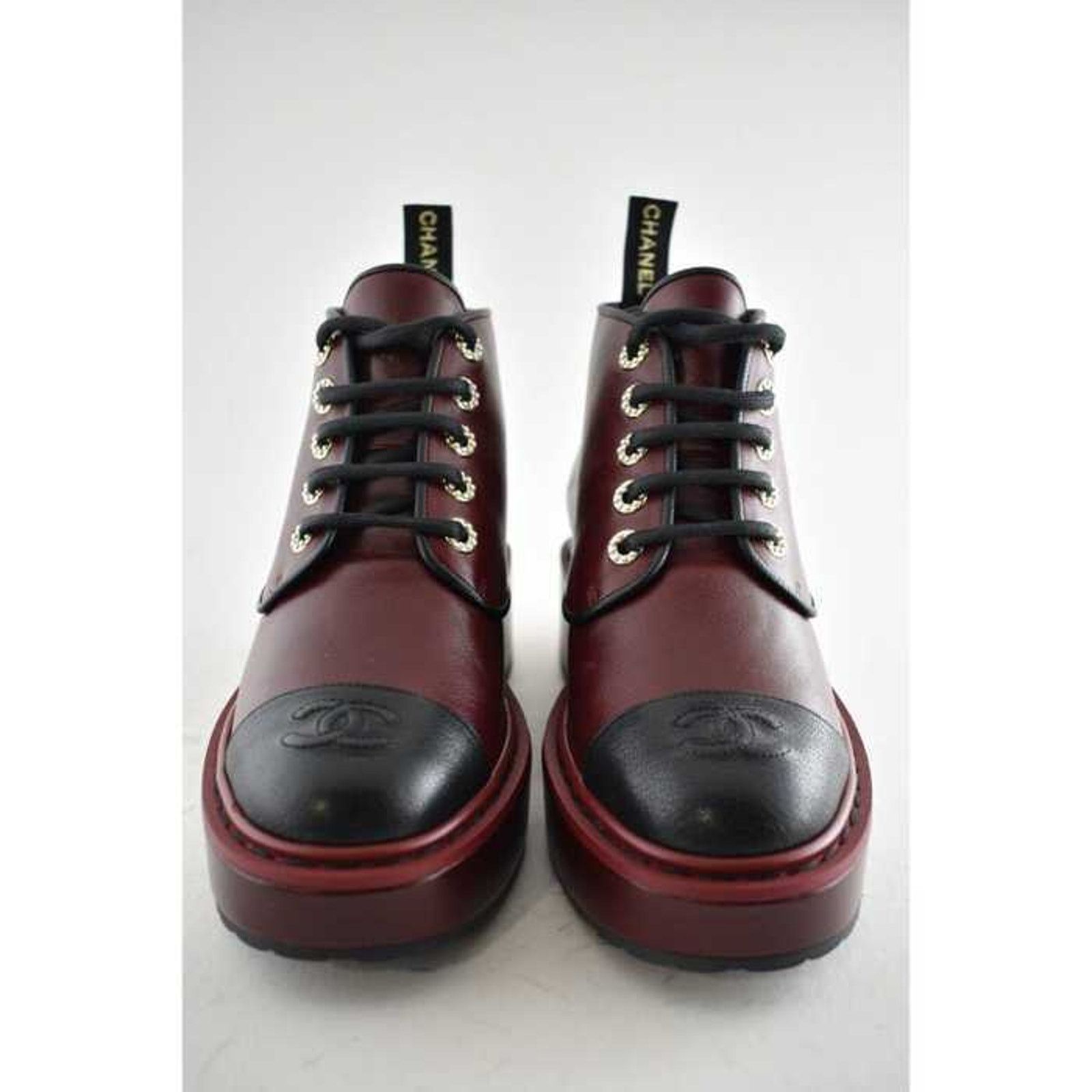 Chanel Chanel 20B Red Black Leather Pearl CC Combat Lace Up Tie Size US 7.5 / IT 37.5 - 2 Thumbnail