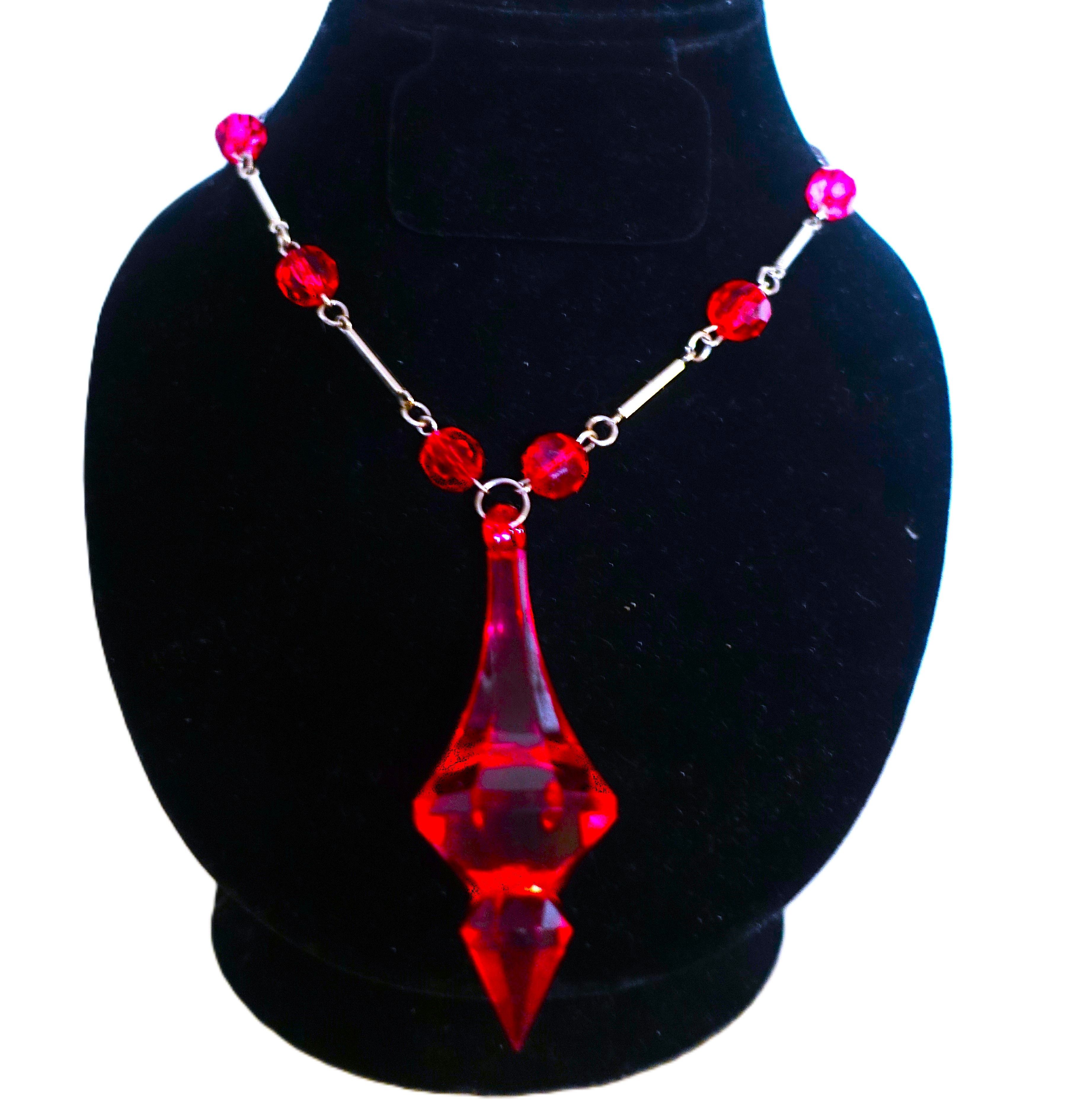 Vintage Silver Tone Fuchsia Drop Beaded Necklace Size ONE SIZE - 2 Thumbnail