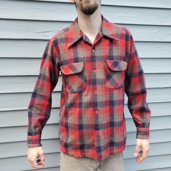 Vintage 1960's outlet Pendleton Red Black Plaid Board Shirt Mens Medium Loop Wool