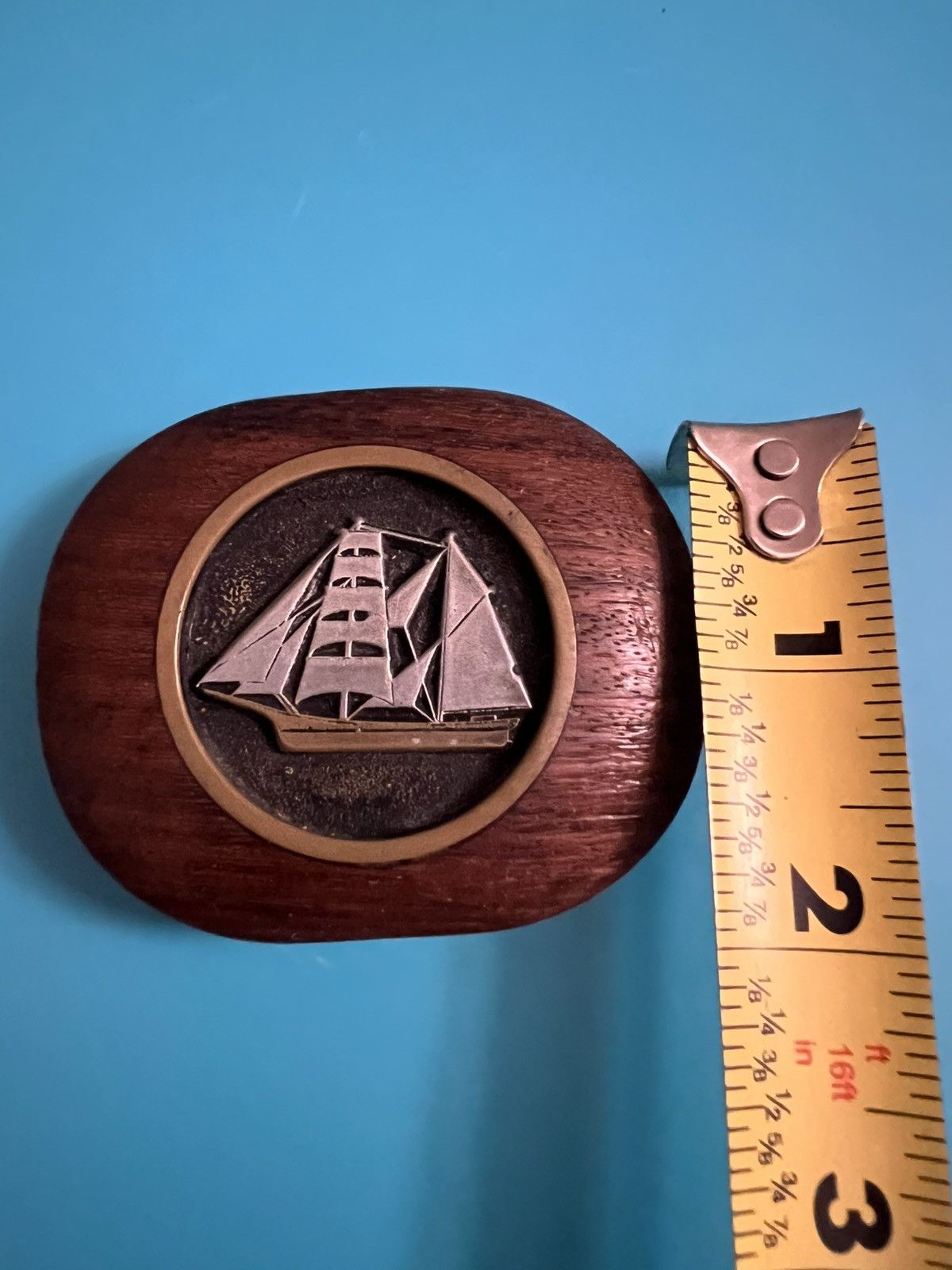 Vintage Belt buckle carved wood and pewter inlay of a sailboat Size ONE SIZE - 6 Thumbnail