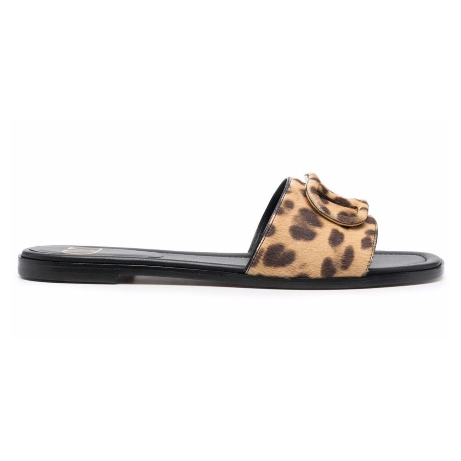 Valentino V Logo Leopard Black Brown Pony Fur Slides Mule