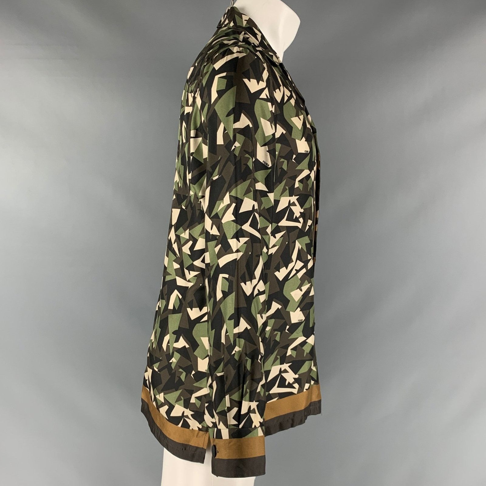 Fendi M Green Brown Abstract Silk Button Up Long Sleeve Shirt Size US M / EU 48-50 / 2 - 3 Thumbnail