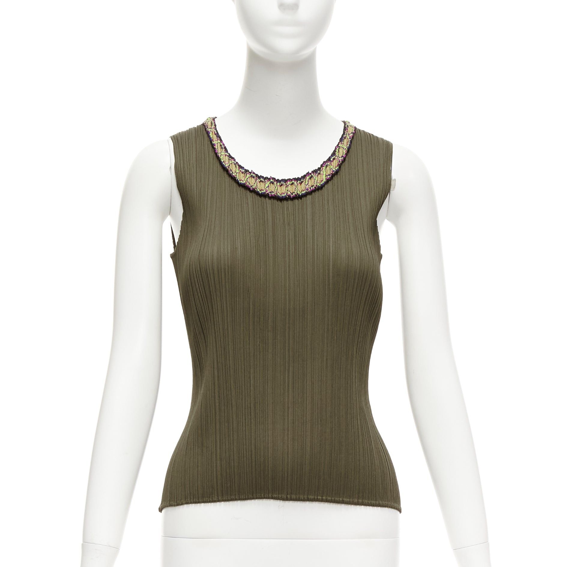 Issey Miyake ISSEY MIYAKE Pleats Please khaki plisse orange embroidery neckline vest JP4 XL Size L / US 10 / IT 46 - 1 Thumbnail