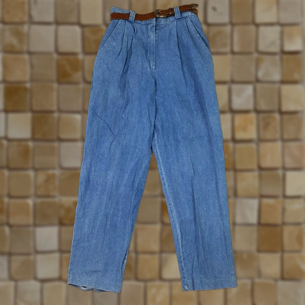 Denime Vintage Jeans Size 8 Blue Slim Belted Pleated Tapered Stonewashed Denim 80s Size 30" / US 8 / IT 44 - 1 Thumbnail
