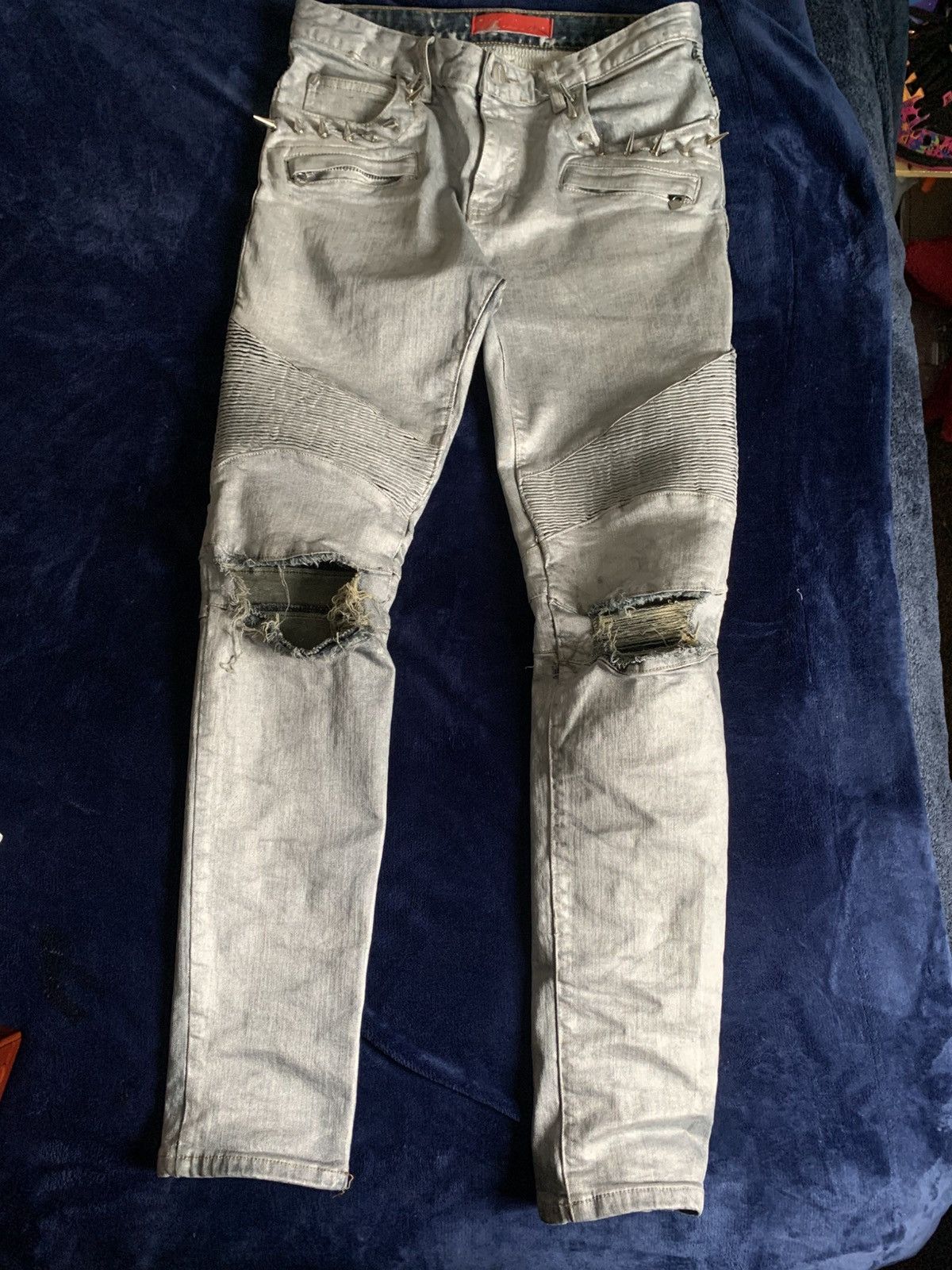 Other Custom Silver Biker Jeans Balmain Like 2000s Fashion Swag Size US 34 / EU 50 - 2 Thumbnail