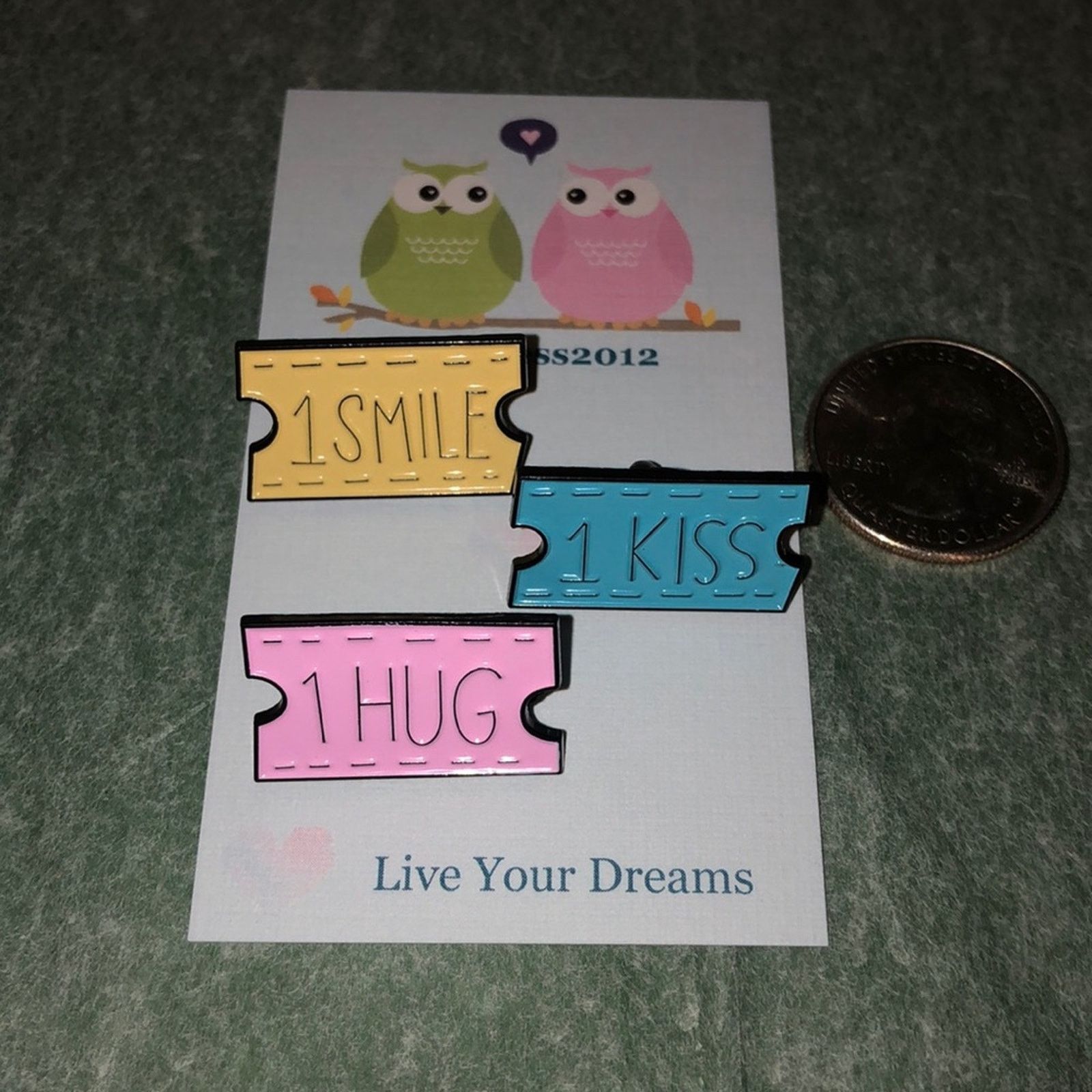 Other 3 Piece Hug Kiss Smile Tickets Pins Brooches Size ONE SIZE - 1 Thumbnail