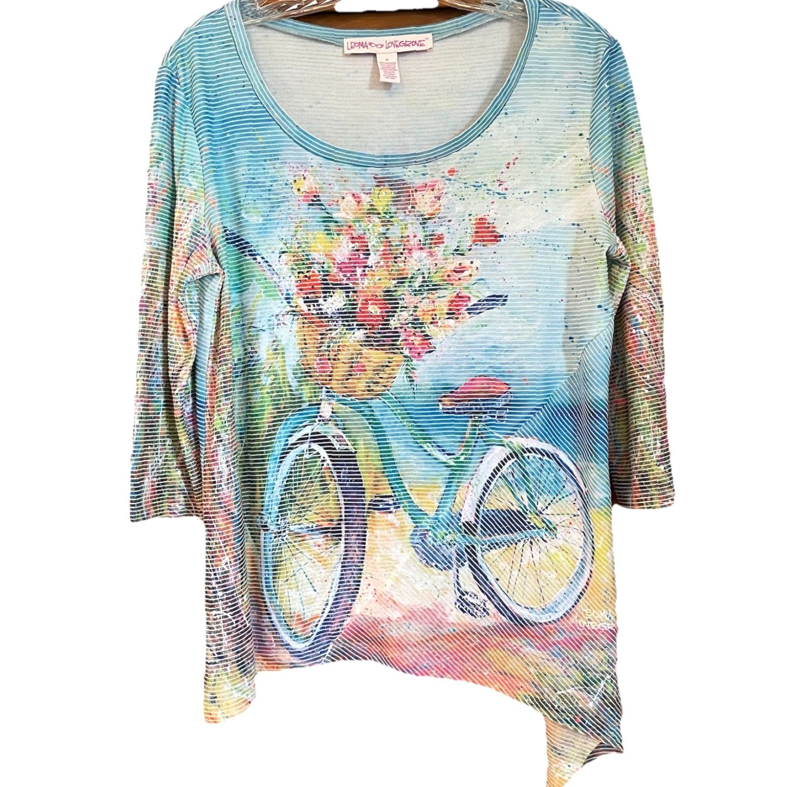 Vintage LEOMA LOVEGROVE Top Blue Floral Pastel Asymmetrical Hem 3/4 Sleeve Blouse M Womens Shirt Dressy Casual Vintage: No Mens Womens Size M / US 6-8 / IT 42-44 - 2 Thumbnail