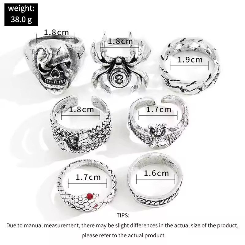 Jewelry 7 pieces /Set Creative Skull Head Poker Bat Rings Size ONE SIZE - 3 Thumbnail