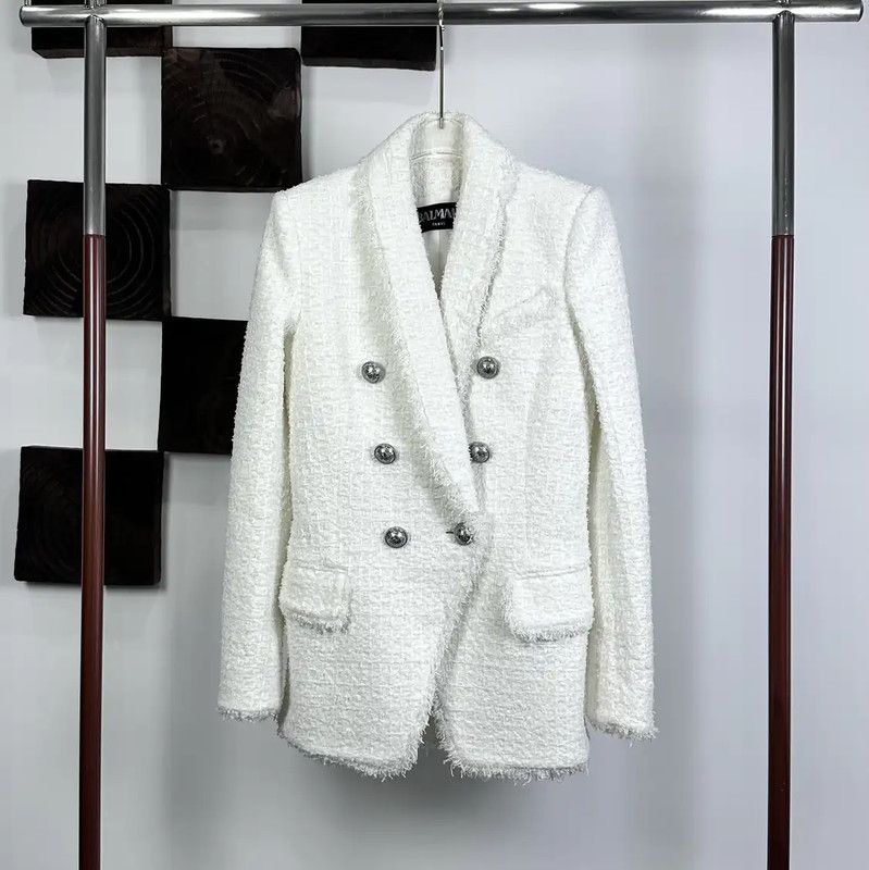 Balmain Balmain White Cotton Blend Ladies Coat 0089 Size S / US 4 / IT 40 - 1 Thumbnail